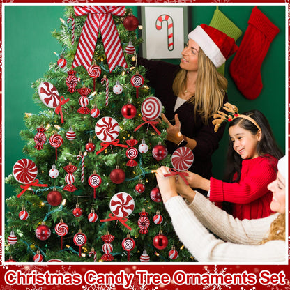 Soulchen 69 Pcs Candy Cane Christmas Tree Ornaments Set Red and White Christmas Decorations Lollipop Picks Shatterproof Hanging Xmas Balls Peppermint Striped Bow for Tree Party Holiday Decorations