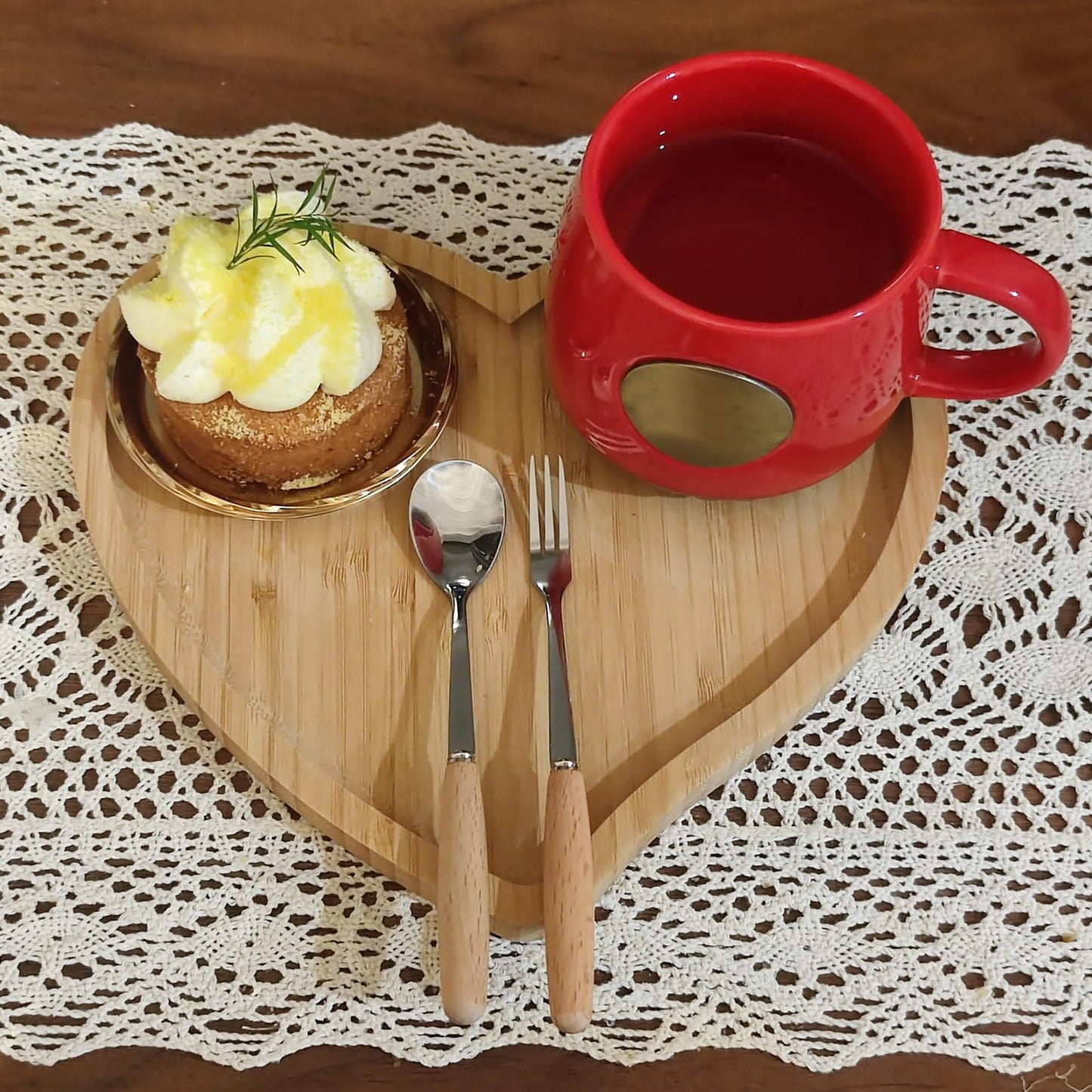 Heart Shaped Bamboo Wooden Serving Tray,Serving Platter & Jewelry Organizer Tray, Includes Coffee Spoon & Dessert Fork, for Home Restaurant Valentine Christmas Table Decor(9" x 8")