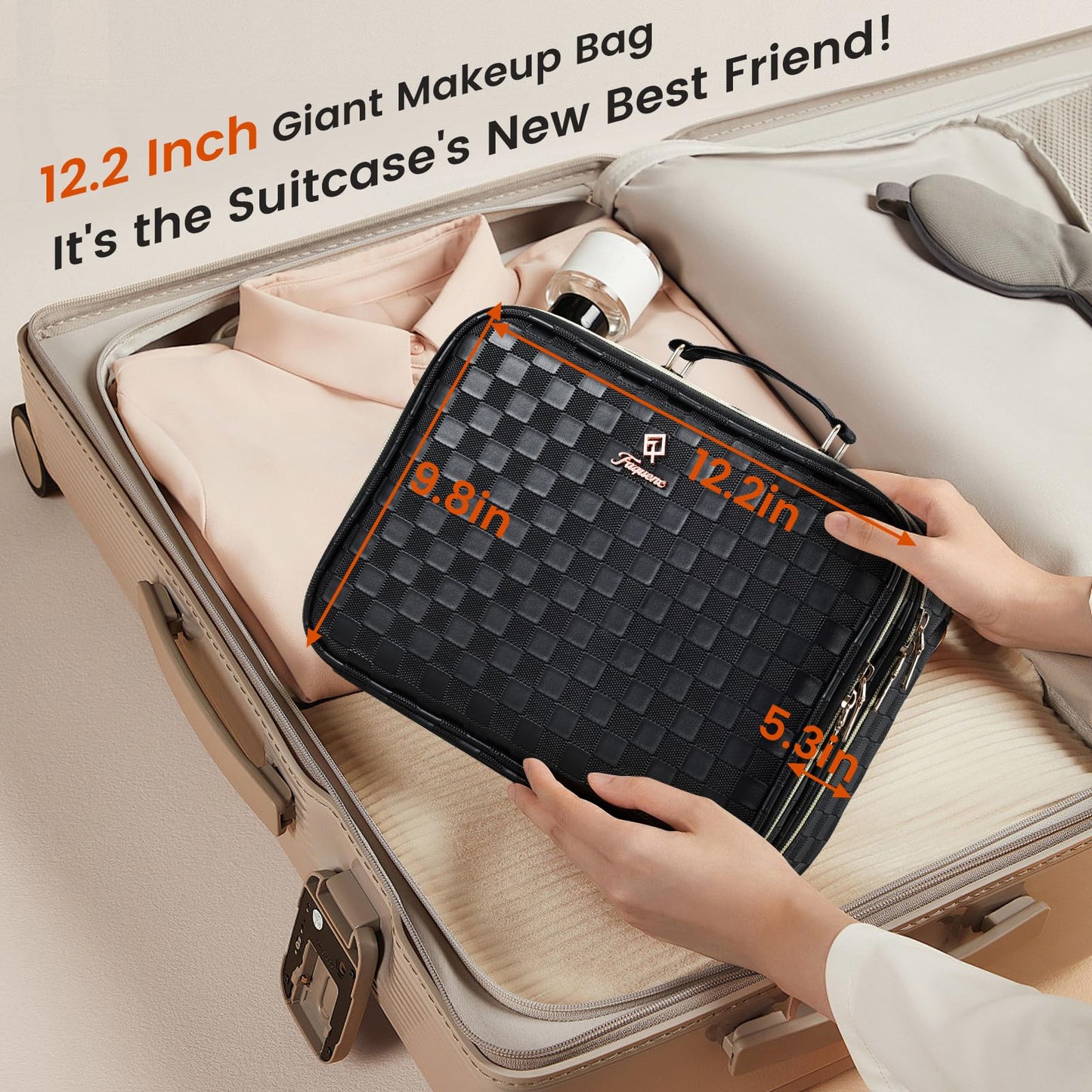 Makeup Bag with LED Lighted Mirror 12.2 IN Cosmetic Train Case Double Layer Makeup Case Adjustable Brightness in 3 Colors Cosmetic Organizer Artist Storage with Brush Holder Vanity Black Checkerboard