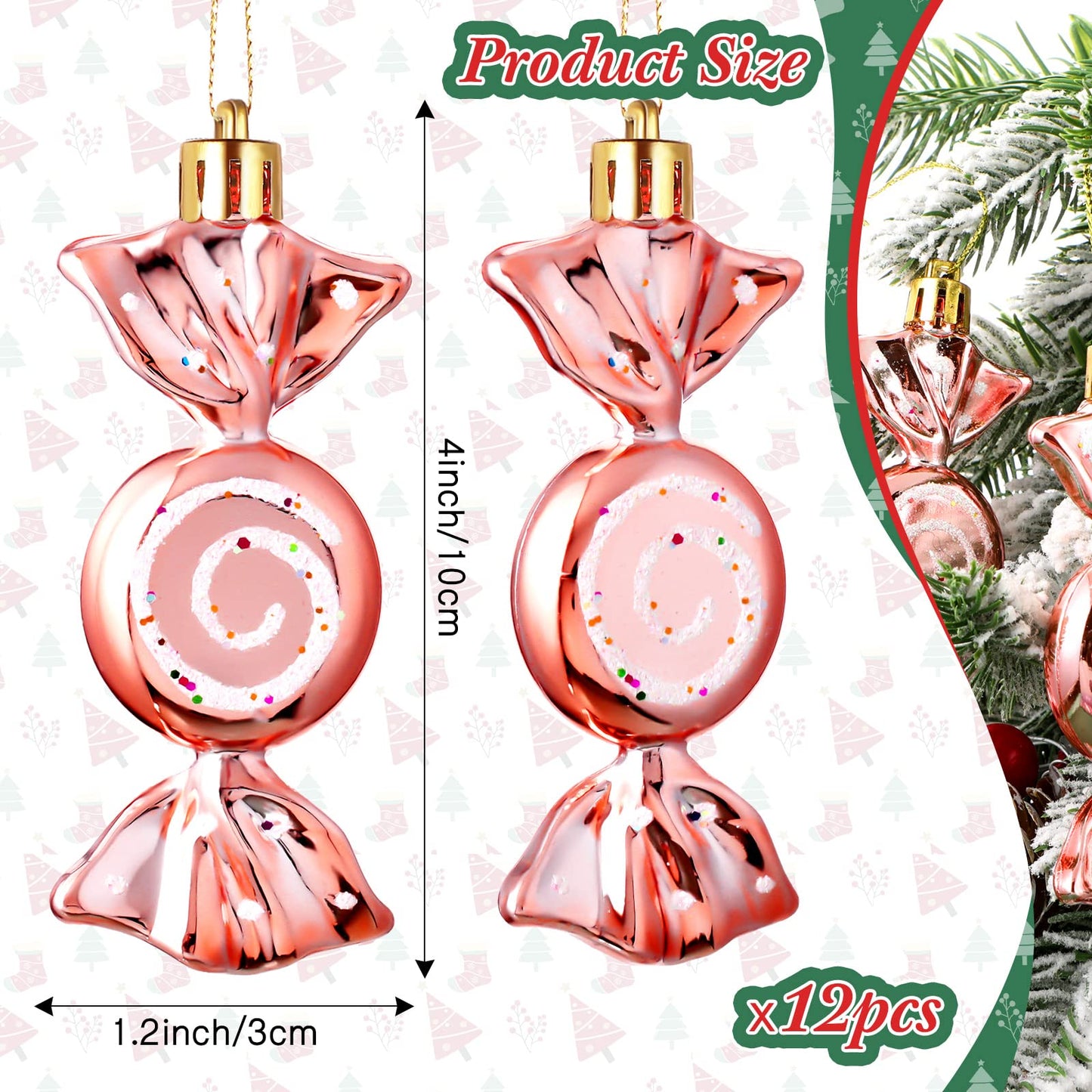 Threan 12 Pcs Christmas Candy Ornaments for Tree Decoration Hanging Glitter Candy Cane Christmas Peppermint Ornament with Golden Rope for Xmas Holiday Decoration(Rose Gold,Plastic)