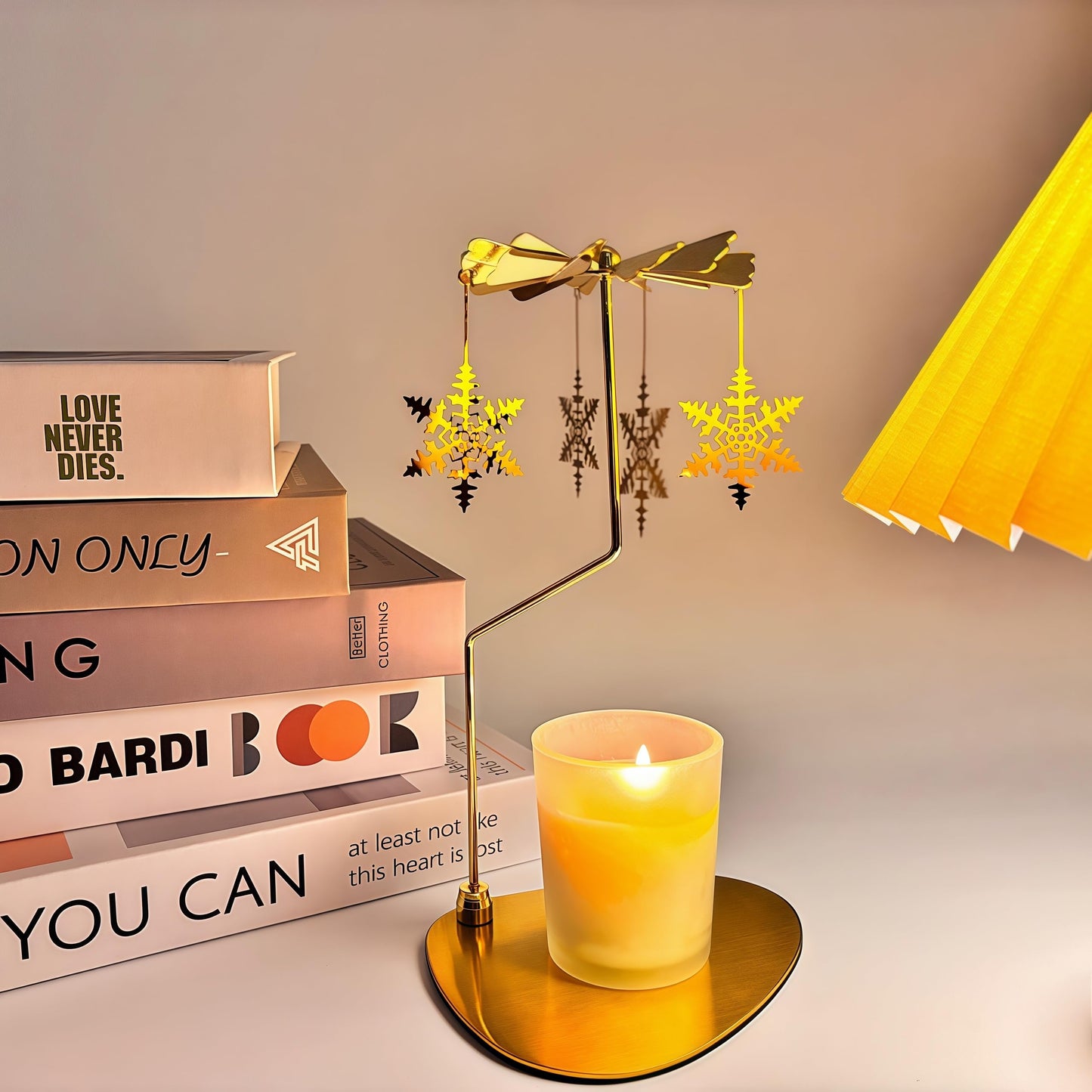 Spinning Candle Carousel Rotary Holder German Rotating Metal Tea Light Holder Chime Candle Spinner for Christmas Gold Snowflake Decor Gifts for Women Sister Mom Hostess Candlestick Table Centerpiece