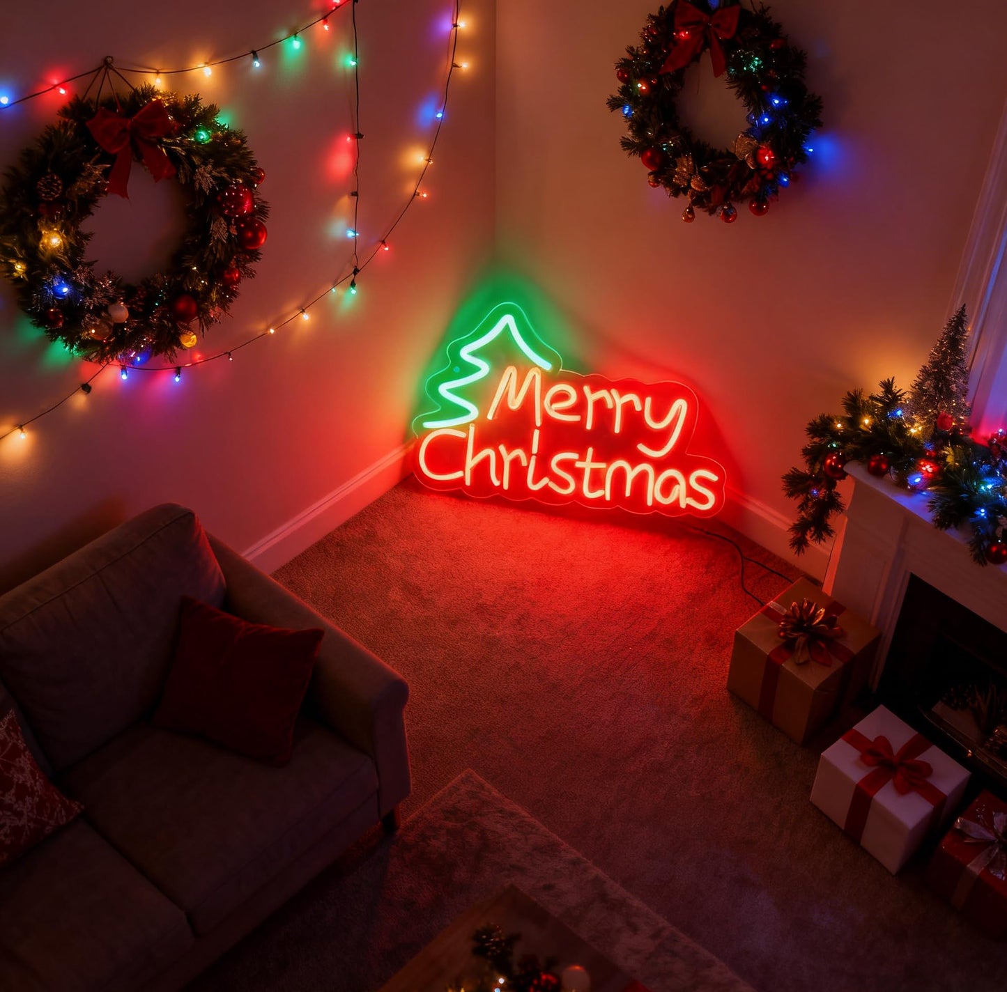 Merry Christmas LED Neon Sign, Dimmable Merry Xmas Decorative Light Holiday Theme Decor for Living Room Bedroom Party Pub Home Wall Table Festive Vibe Light Up Letters Sign, 17 x 10.2 In