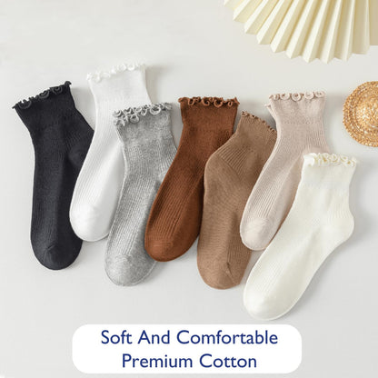 Hstyle Ruffle Socks Women, 6 Pairs of White Breathable Cool Ankle Socks