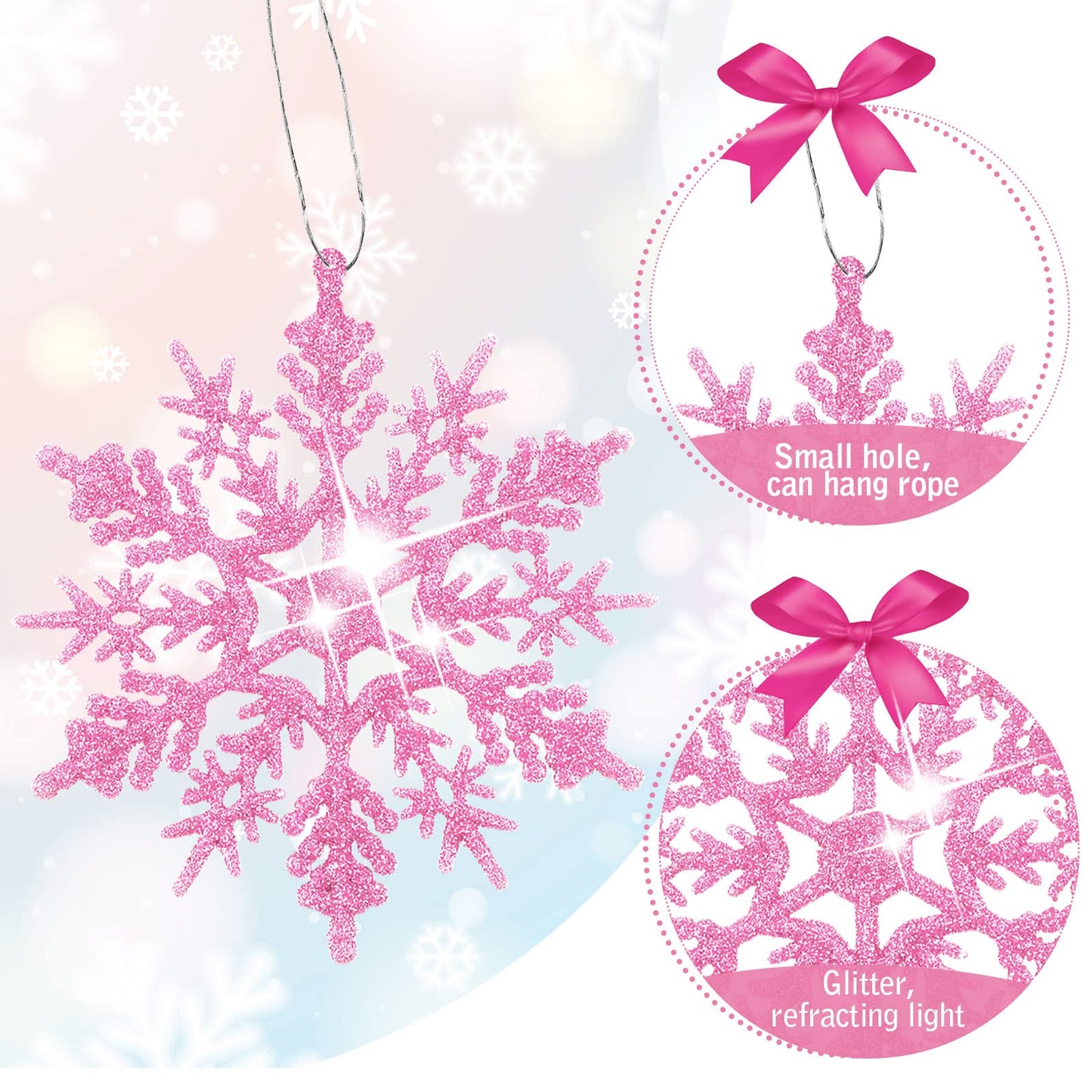 Sumind 36 Pieces Winter Plastic Glitter Snowflake Ornaments 4.92 Inch Pink, Silver, White, Snowflake Large Holiday Tree Decorations with 36 Pieces Ropes for Christmas Tree Wedding