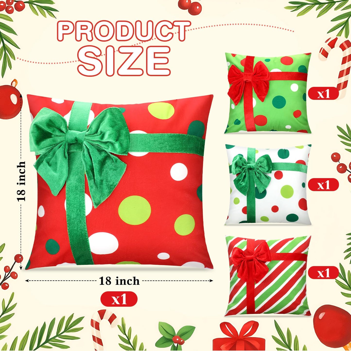 Breling 4 Set Christmas Pillow Covers 3D Bows Gift Box Pillow Cases 18 x 18 Inch Red Green Stripe Dot Xmas Winter Cushion Cases for Christmas Home Chair Bed Sofa Cushion Decor