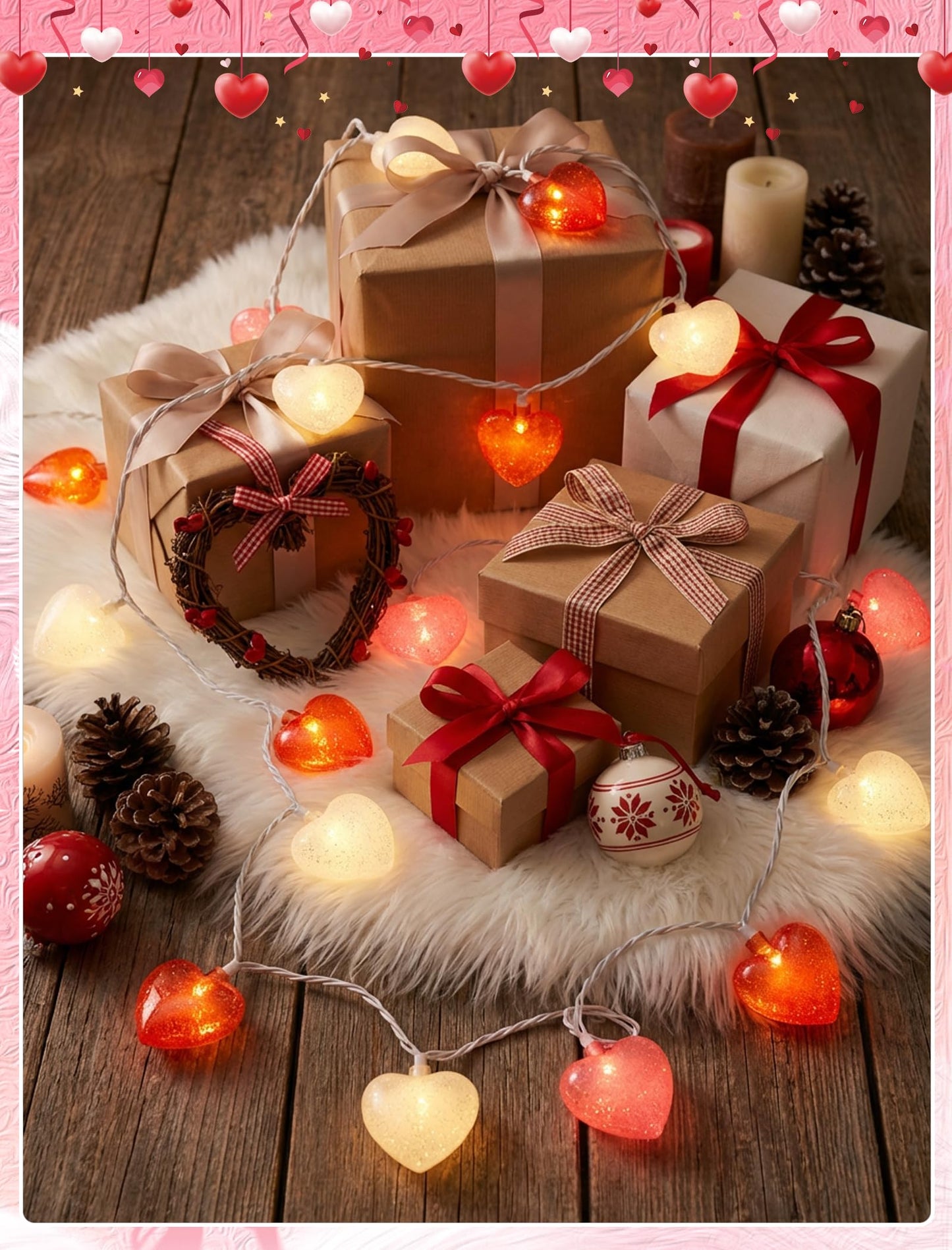 8.5ft Valentine’s Day Heart String Lights Plug in, Valentines Lights with 10 LED Red Pink White Shatterproof Bulbs, Fairy Lights for Indoor Outdoor Home Decor Wedding Party Birthday, Warm White