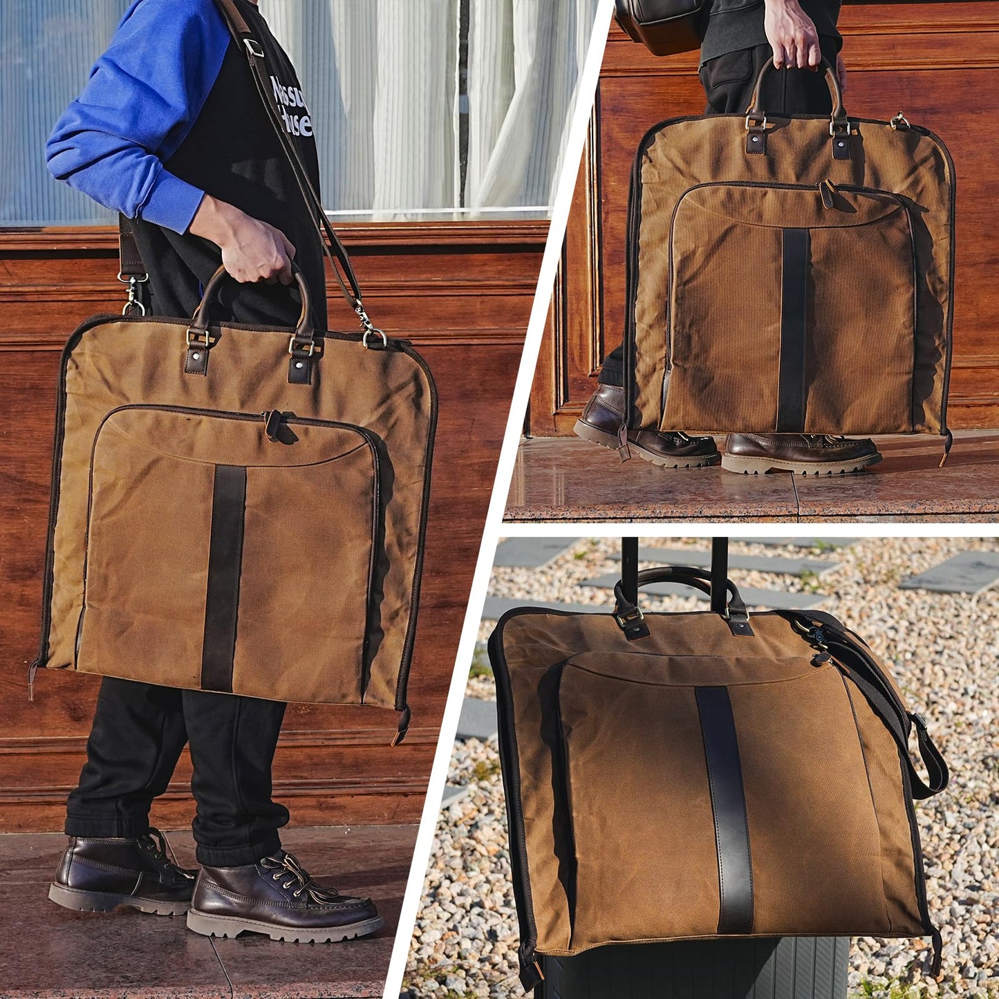 Polare Waxed Canvas Full Grain Leather Trim Garment Carry On Bag for Travel, Foldable Hanging Suitcase Weekender Dust-Proof Garment Waterproof Cover with YKK Zipper and Adjustable Strap