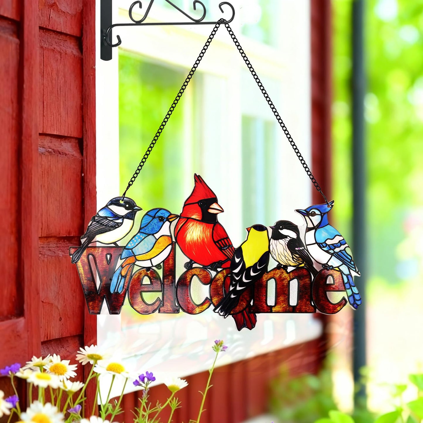 Remiawy Cardinal Stained Glass Window Hanging, Six Birds on Welcome Sign with Metal Chain and Hooks Window Decor Ornament Gift for Bird Lover Grandma Mother's Day Christmas