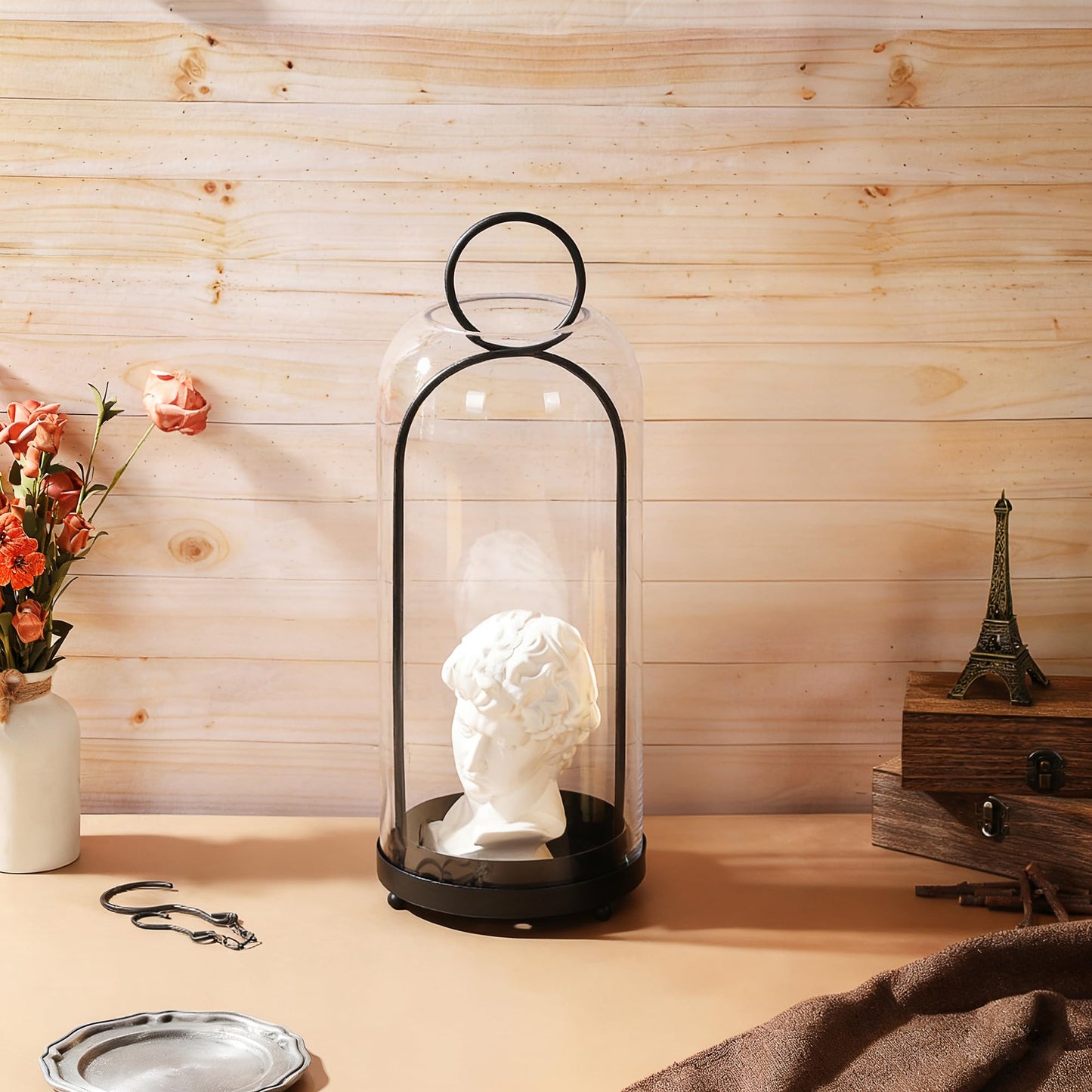 Twakutwaku 20" High Versatile Modern Metal Hurricane Lantern with Handmade Sturdy Glass Dome in Black for Pillar Candle & Plants, Industrial, Farmhouse, Shabby Chic (Black, 7.5"x20")