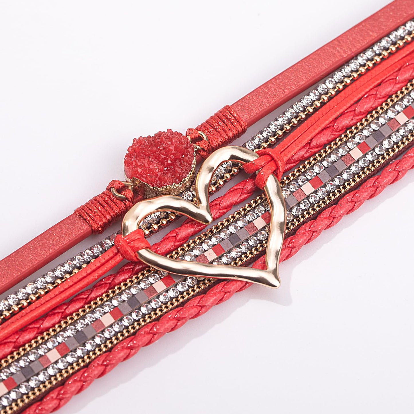FANCY SHINY Heart Leather Wrap Bracelets Stackable Boho Cuff Bangles Trendy Resin Stone Rhinestone Bracelets with Magnetic Clasp for Women Gifts Jewelry(Red)