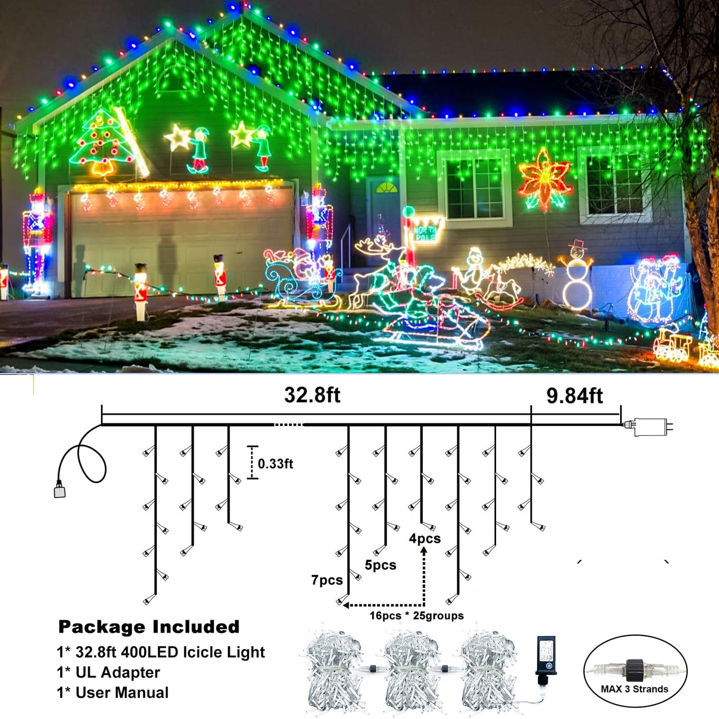 Icicle Lights for Outside - 33FT 400 LED Icicle Christmas Lights Outdoor with 75 Drops 8 Modes Timers, Waterproof Connectable Hanging Lights for Indoor House Eaves Yard Party Decorations, Green