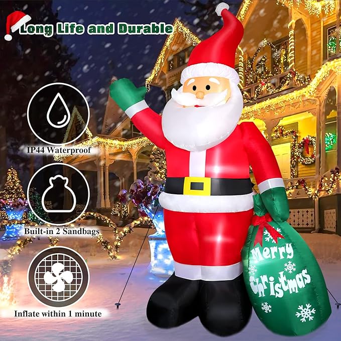 8 FT Christmas Inflatable Santa Claus Outdoor Decoration for Yard, Blow up Santa Decor with Big Gift Bag, Built-in LED Lights for Garden Patio Lawn Home Indoor Winter Holiday Party, IP44 Weatherproof