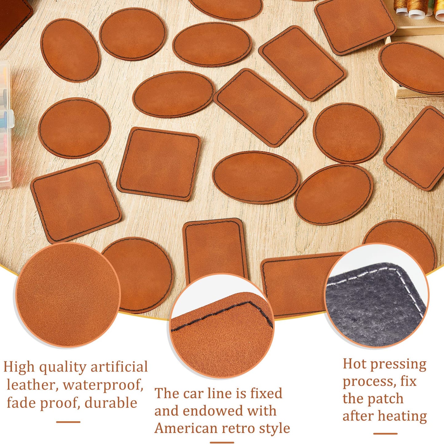 Dunzy 60 Pcs Blank Leatherette Hat Patches Laserable Leatherette Patch Iron on Heat Press with Adhesive Leather Patches for Hats Clothes Repair(Khaki,3 x 2 Inches)
