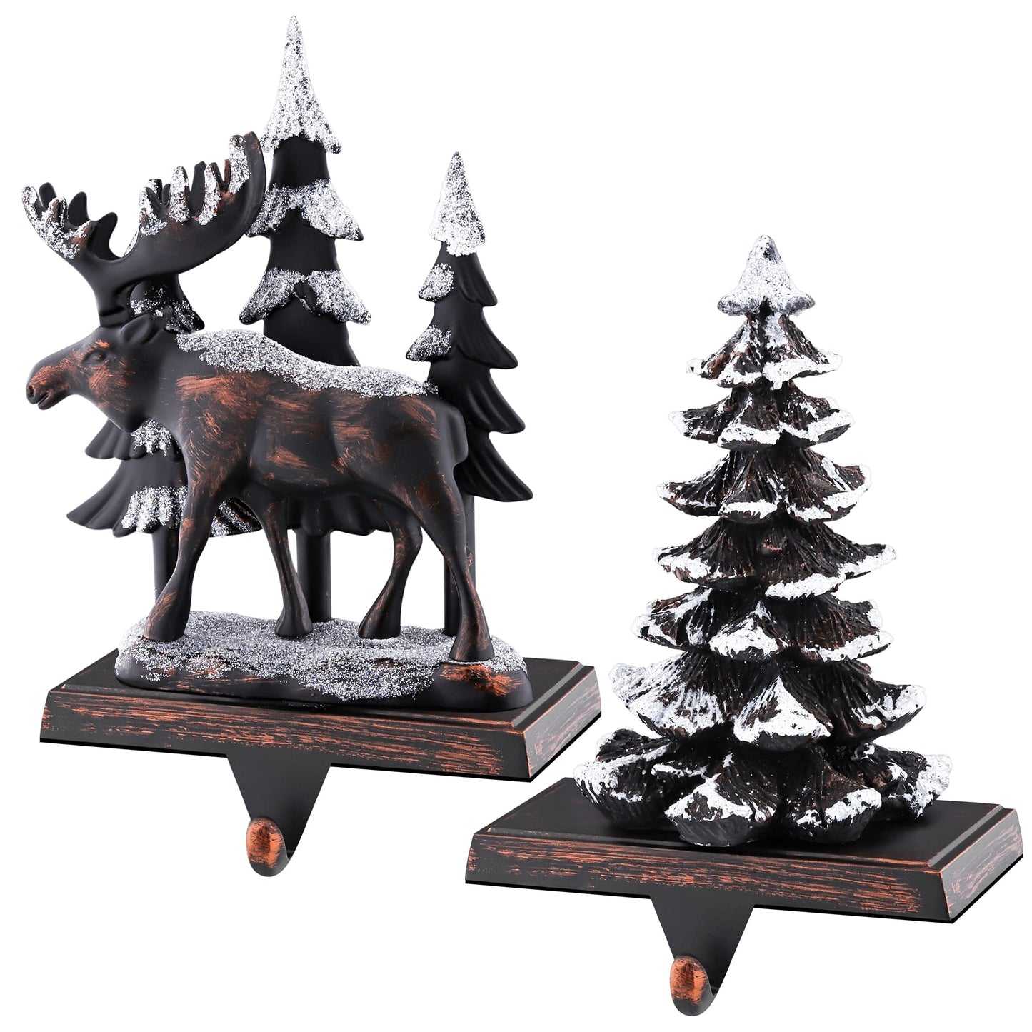 MCEAST 2 Pack Christmas Stocking Holders Reindeer and Christmas Tree with Snowflake Xmas Stocking Hangers Clips Mantle Hooks for Christmas Decoration