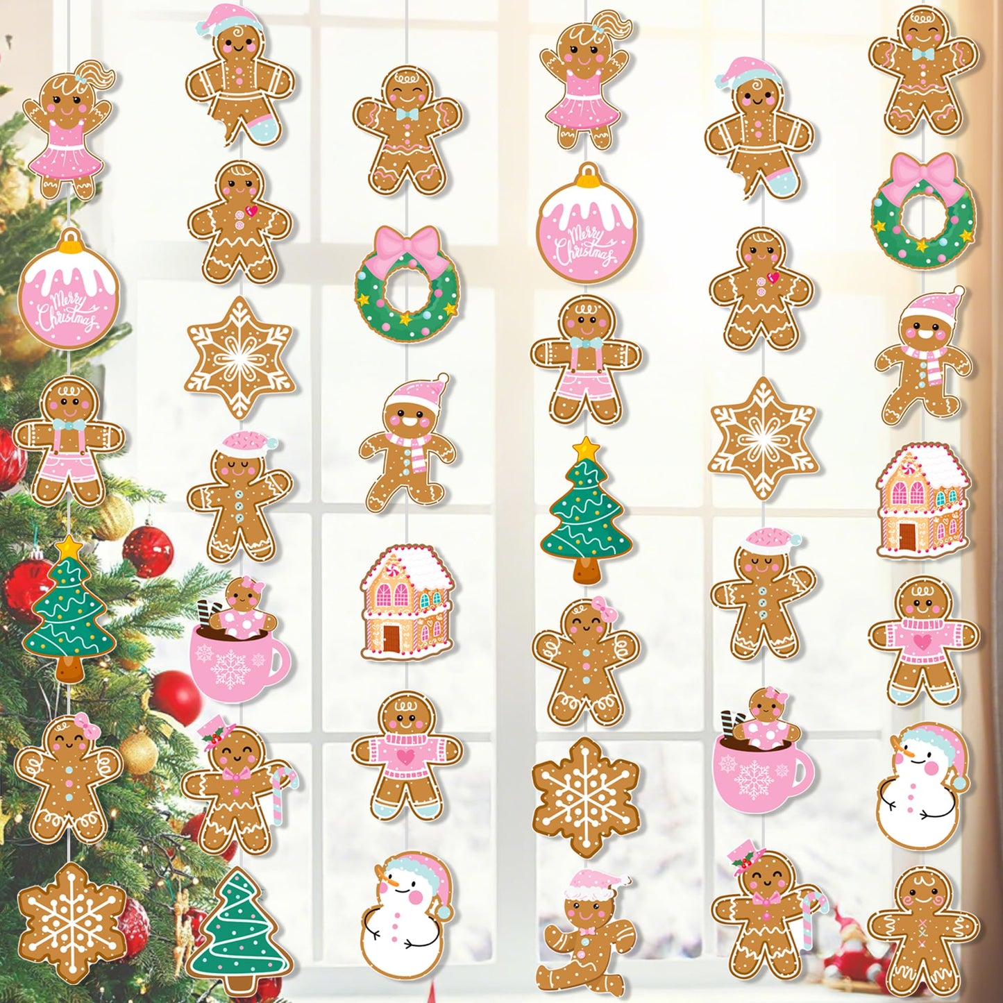 Gingerbread Theme Garlands Pink Christmas Decorations Girls 8Pcs Gingerbread House Xmas Tree Paper Garland Banners Christmas Party Supplies for Winter Holiday Birthday Wall Door Ceiling Decor