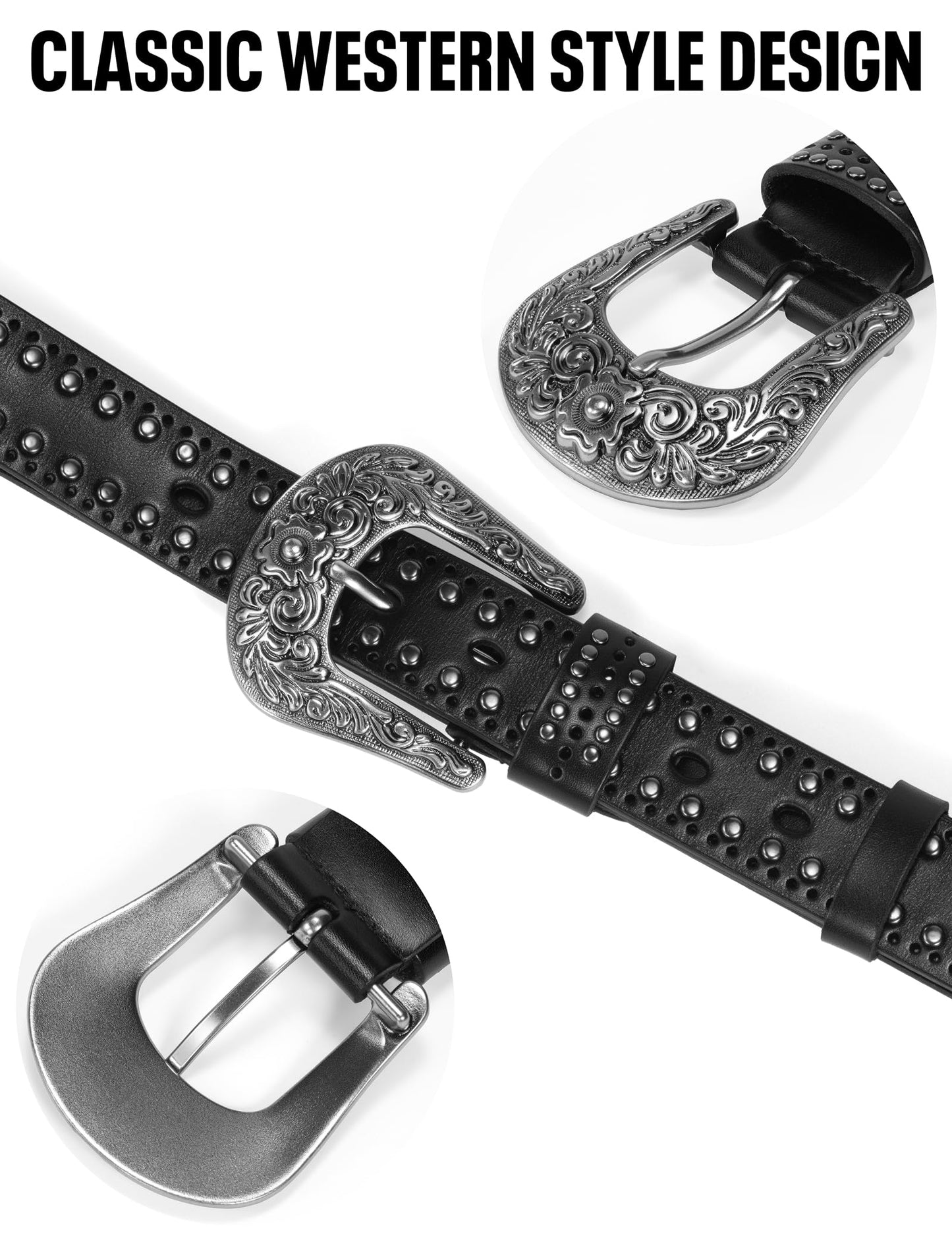 Womens Western Leather Belts 35mm Studded Belt with Vintage Silver Buckle