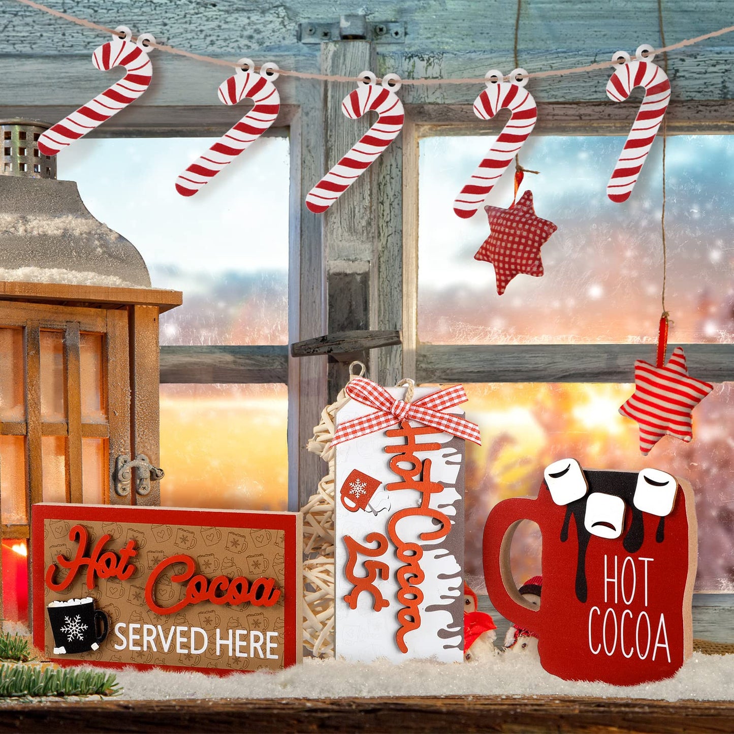 Yalikop 5 Pieces Christmas Hot Cocoa Wooden Signs Tiered Tray Decoration Hot Cocoa Decor Warm Winter Tabletop Wooden Block Sign Christmas Candy Canes Tiered Tray Decorations Holiday Table Centerpieces