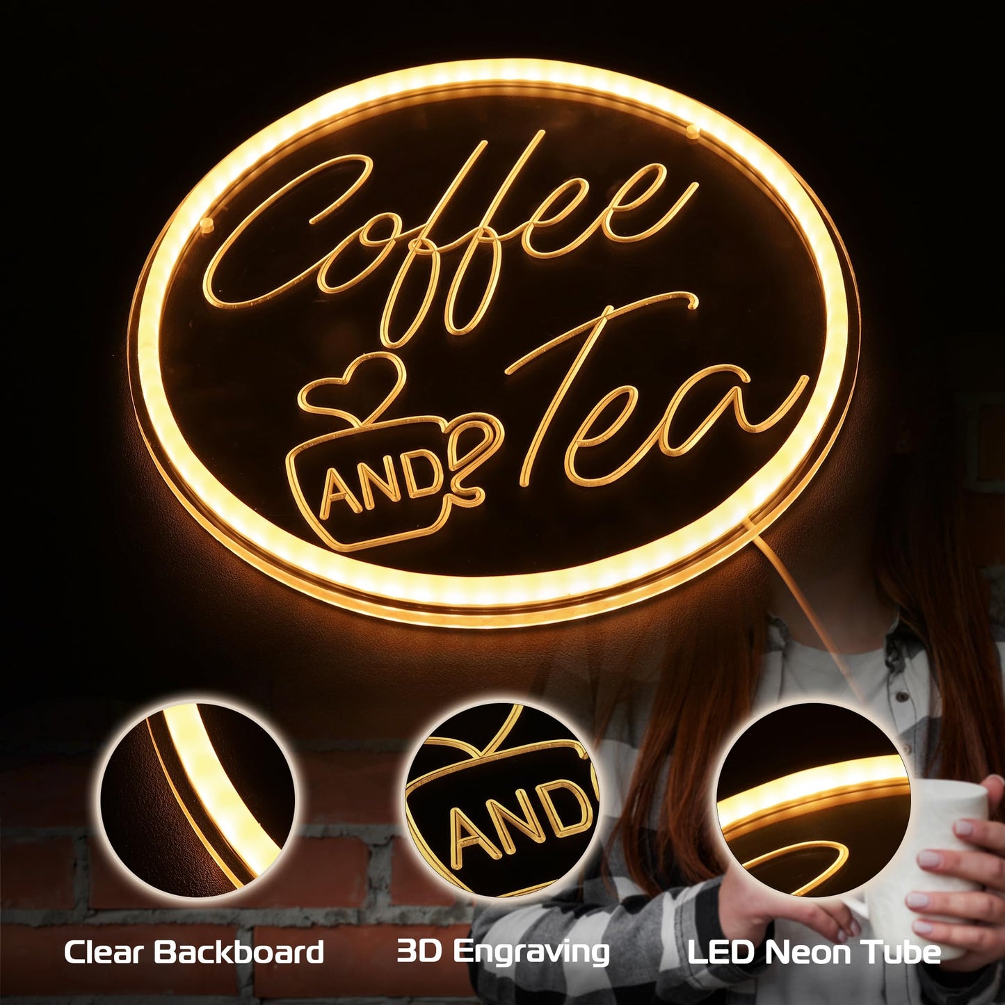 Kavaas Coffee and Tea Neon Signs 11.8"x 11.8", 3D Carved Coffee Neon Sign for Cafe Station, Tea Bar, Kitchen Decoration - Best Gifts for Birthday, Housewarming, Christmas
