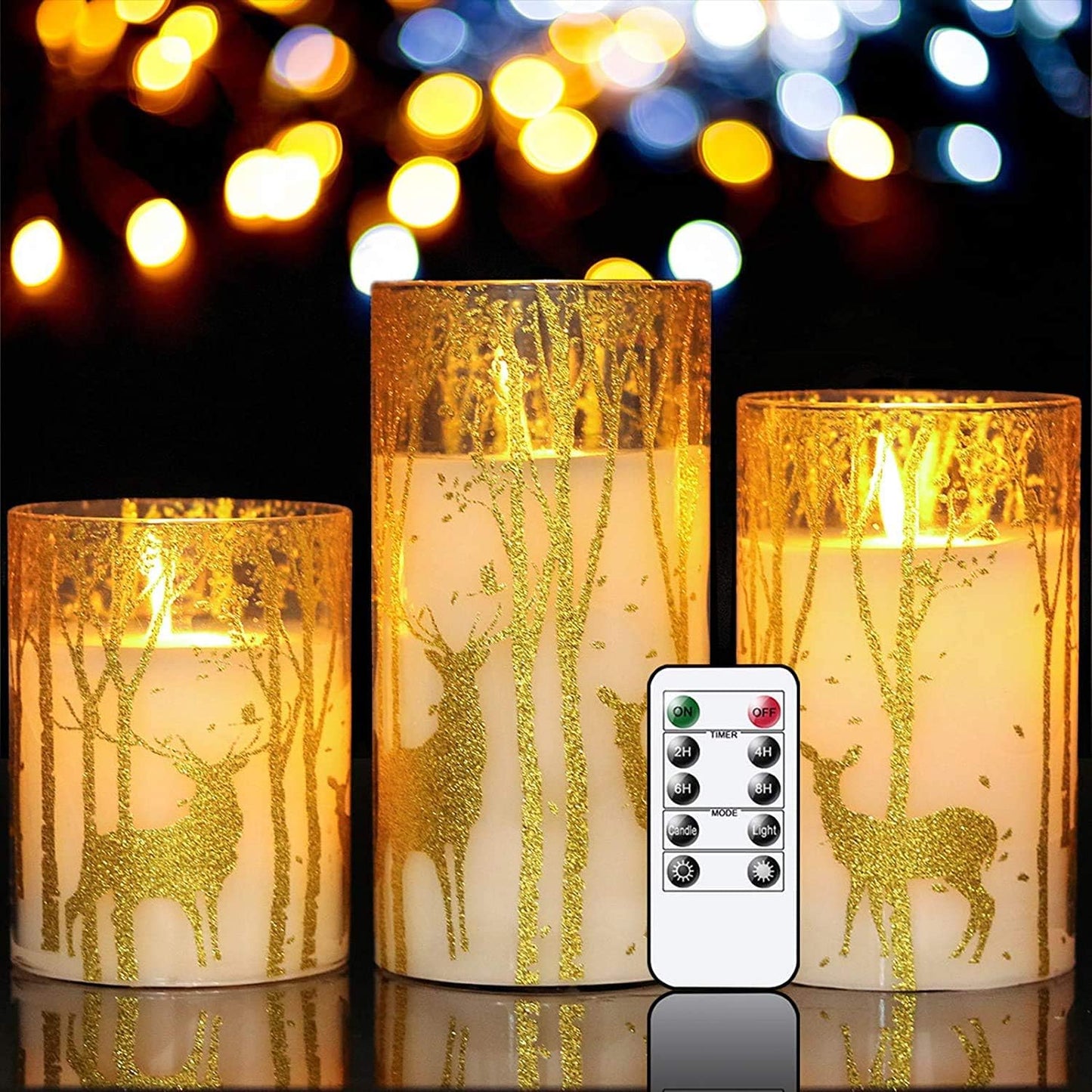 GenSwin Glass Flameless Candles Flickering with Deer Decor and Remote Timers, Battery Operated Moving Wick Led Light, Set of 3 Real Wax Pillar Candles for Christmas Home Decoration