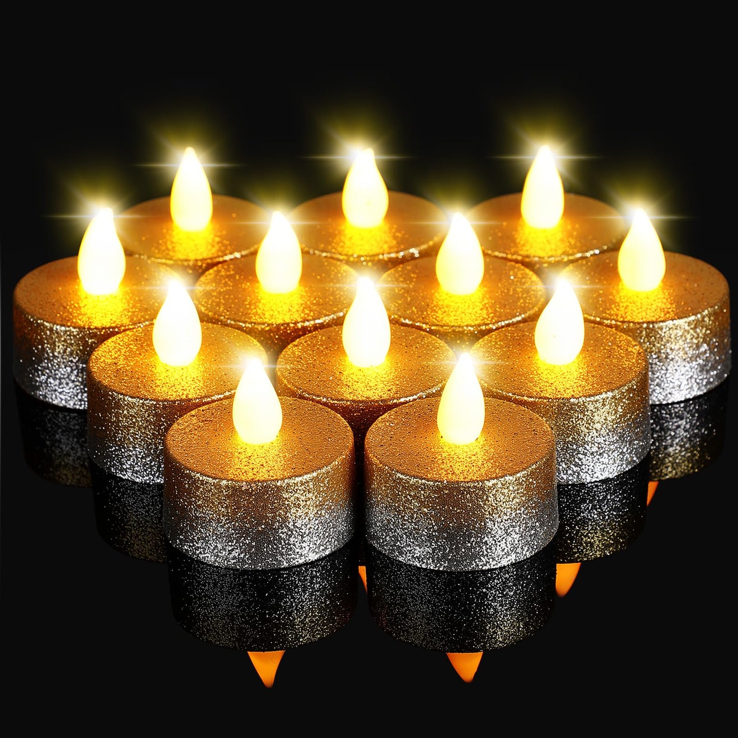Retisee 48Pcs Flameless LED Tea Lights Glitter Electric Fake Candles for Centerpieces Battery Operated Anniversary Romantic Winter Decor for Wedding Christmas Birthday (Gold,Silver,1.65 Inch)