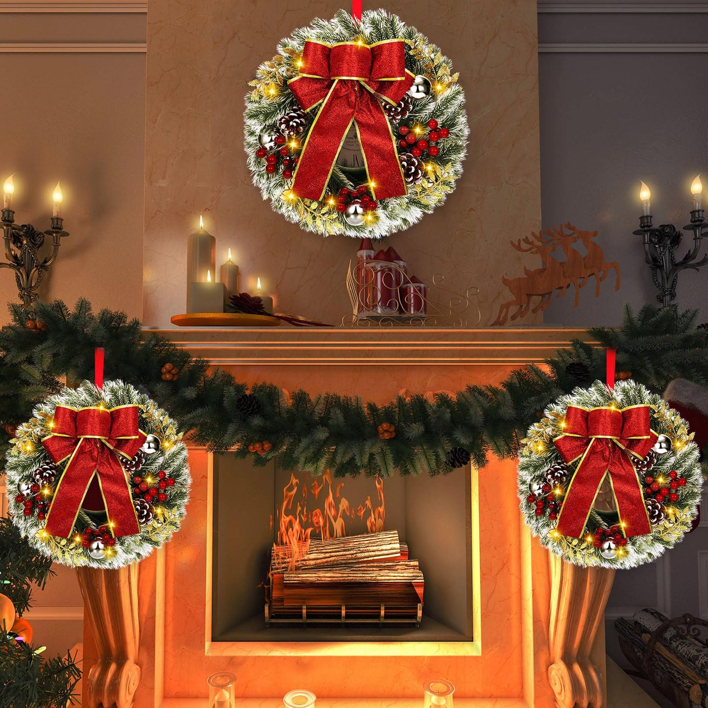 4 Pcs Lighted Christmas Wreaths, 12 Inch Pre Lit Small Xmas Wreath with Large Bow, Pine Needle Wreath with LED Lights Battery Operated Xmas Ornaments for Front Door Wall Christmas Party Decor(Silver)