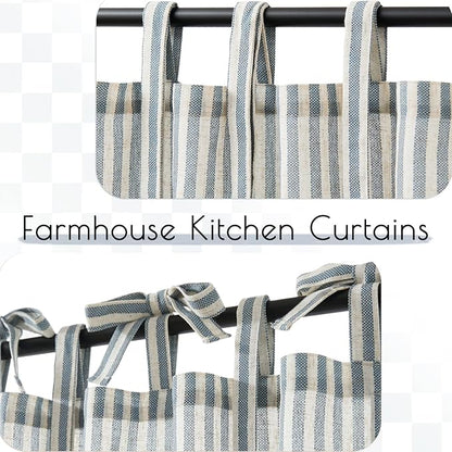 jinchan Tie Top Linen Kitchen Curtains 24 Inches Striped Tier Curtains Farmhouse Modern Cafe Style Small Window Treatments Airy Light Filtering Rod Pocket for Living Room Bathroom 2 Panels Blue