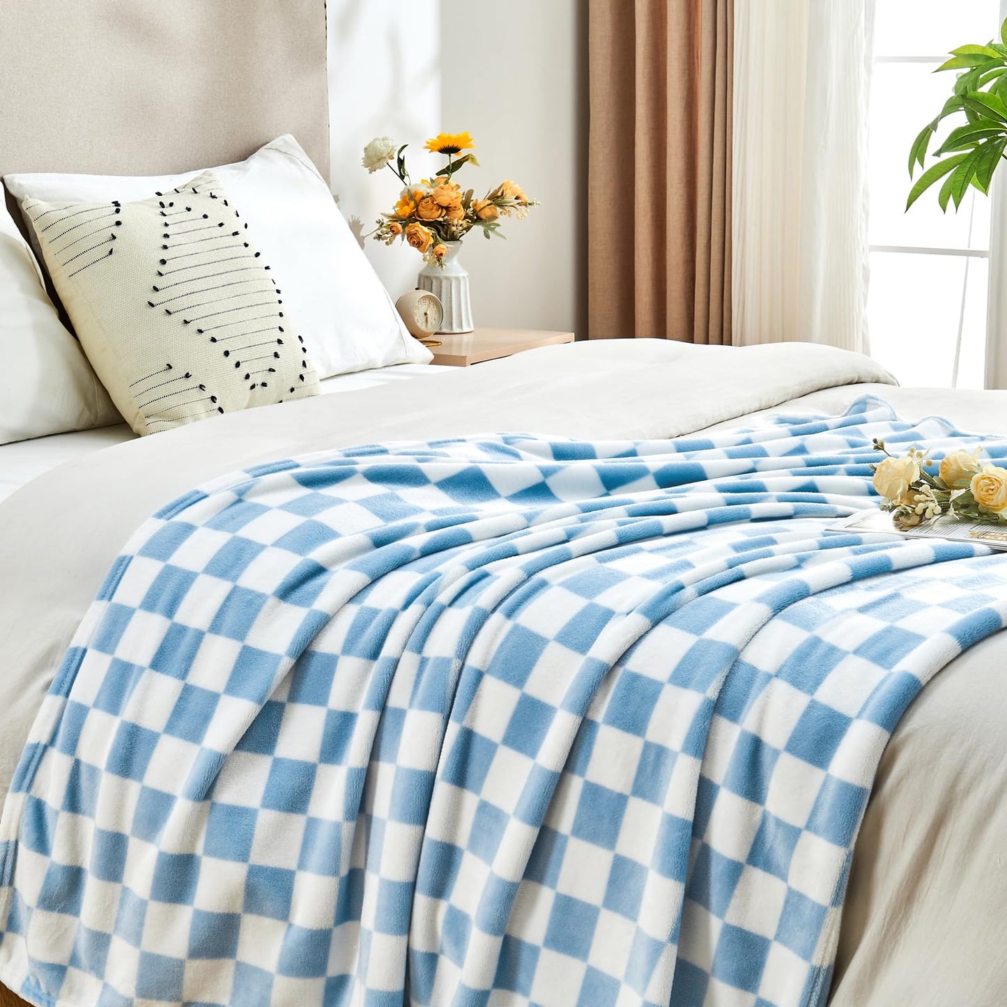 Edenleaf Checkered Blanket Flannel Throw Blankets Soft Cozy Checkered Grid Print Chessboard Gingham Pattern Throws for Bed Sofa Couch for All Seasons, 50x60 Inch, Blue
