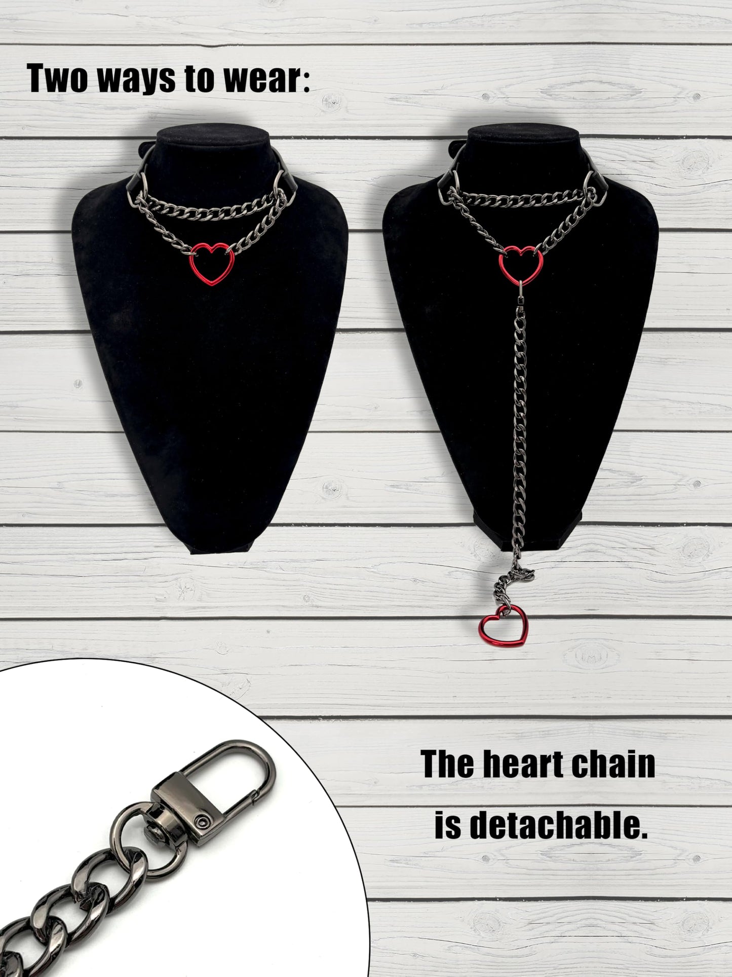 EverGlimp Heart O-Ring Slip Chain Choker Collar Necklace for Women, Adjustable Vegan Leather Punk Necklace with Swivel Clasp & Heart Charm