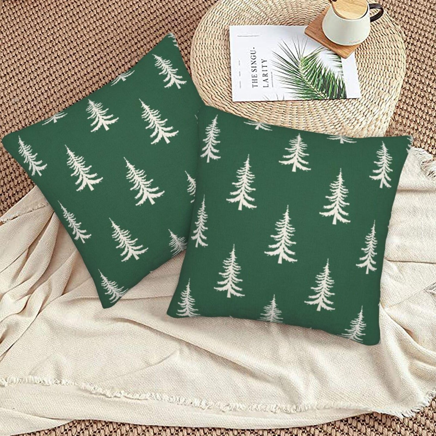 Sunshineyan Christmas Pillow Covers 22 x 22 Set of 2, Green Chirstmas Tree Decorations Throw Pillow Covers Outdoor Winter Holiday Farmhouse Xmas Cushion Case Linen Square for Home Couch Sofa