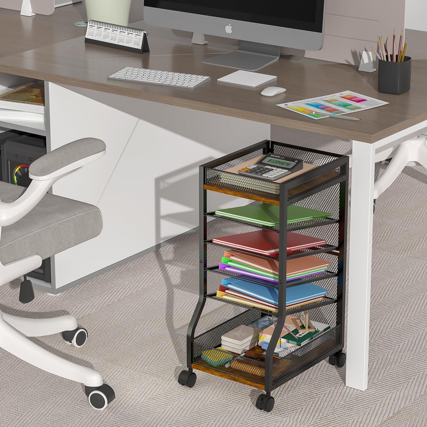 keomaisyto 6-Tier Standing File Organizer for Office Organization, Under Desk File Holder with Sliding Mesh Paper Letter Trays, Slim Rolling File Cart with Wheels for Home/Office/Study