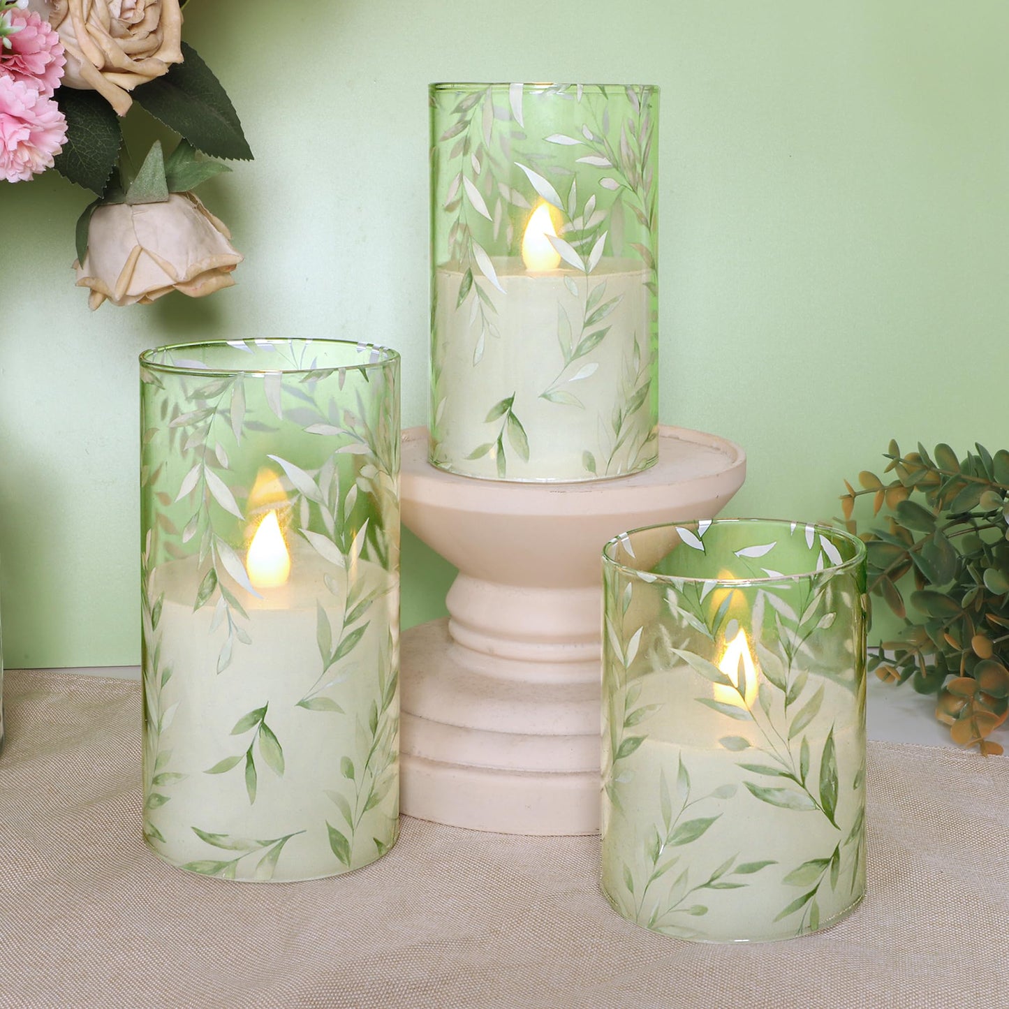 Crystal Club Glass Flameless Candles with Remote Timer, Battery Operated Flickering LED Pillar Candles, Green Willow Leaves Design for Wedding Holiday Home Decor