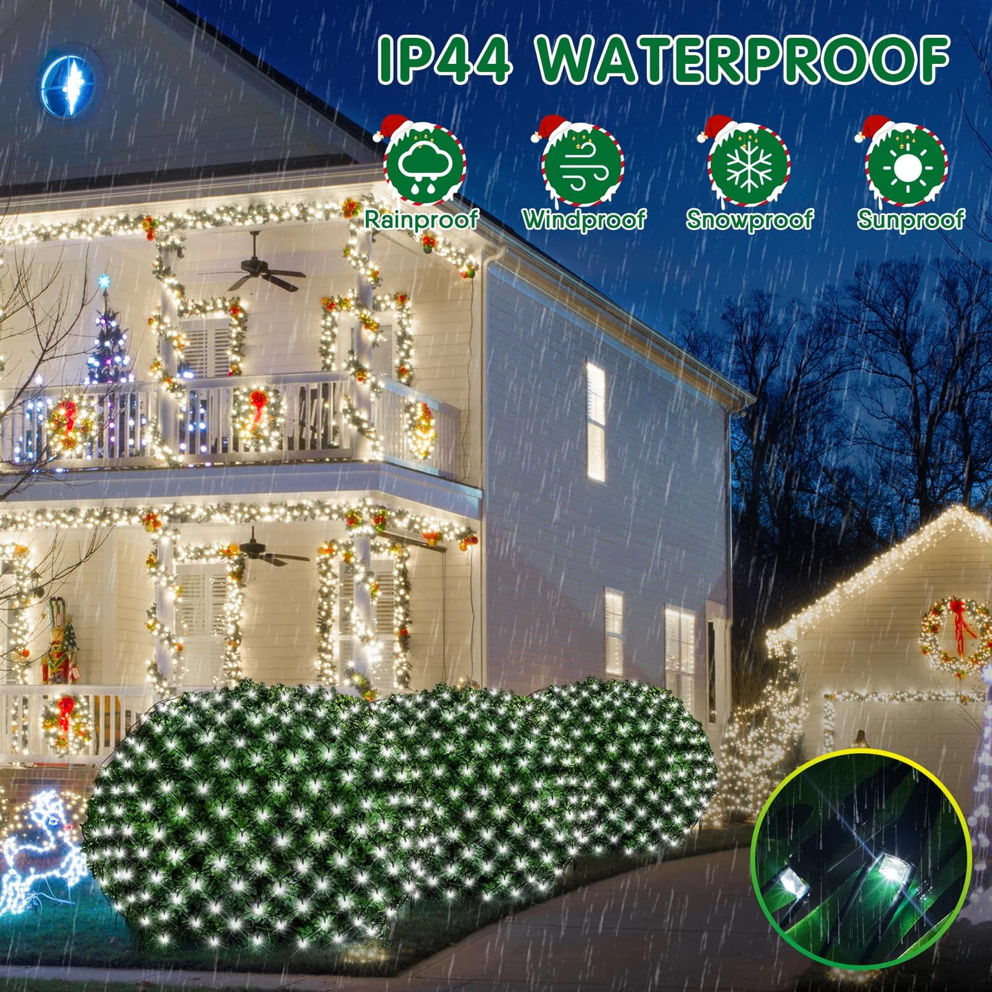 Hezbjiti Christmas Net Lights Outdoor 200 LED 6.9FT x 5.4FT Green Wire with 8 Modes, Connectable Plug in Waterproof, Timer Memory Function for Xmas Tree Bush Porch Lawn Windows Decor（2 Pcs Cold White
