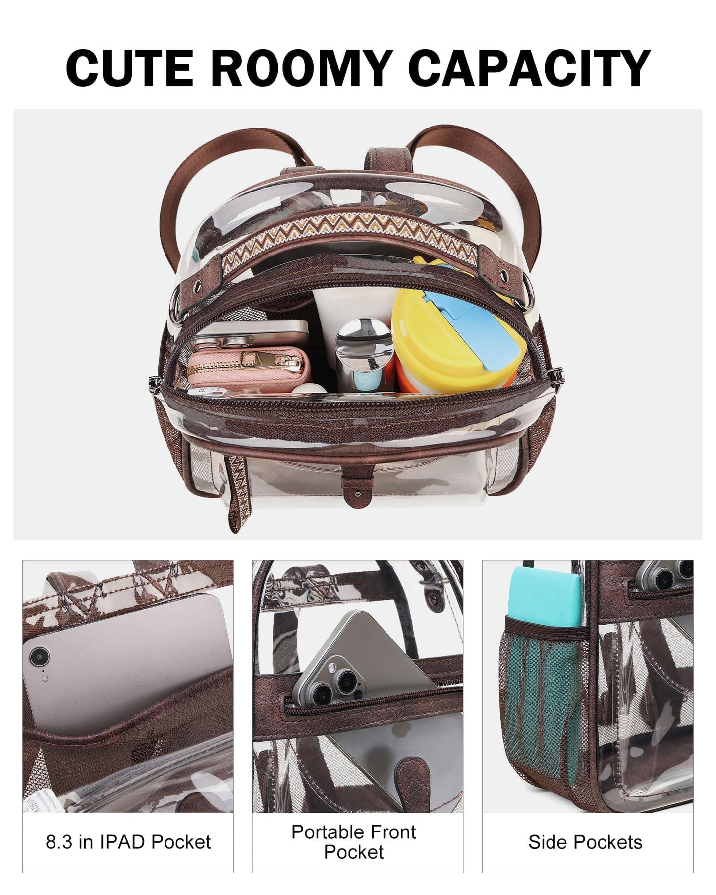 FADEON Clear Small Backpack Purse for Women, Designer Transparent Shoulder Handbag, PVC Mini Clear Bag for Stadium Approved