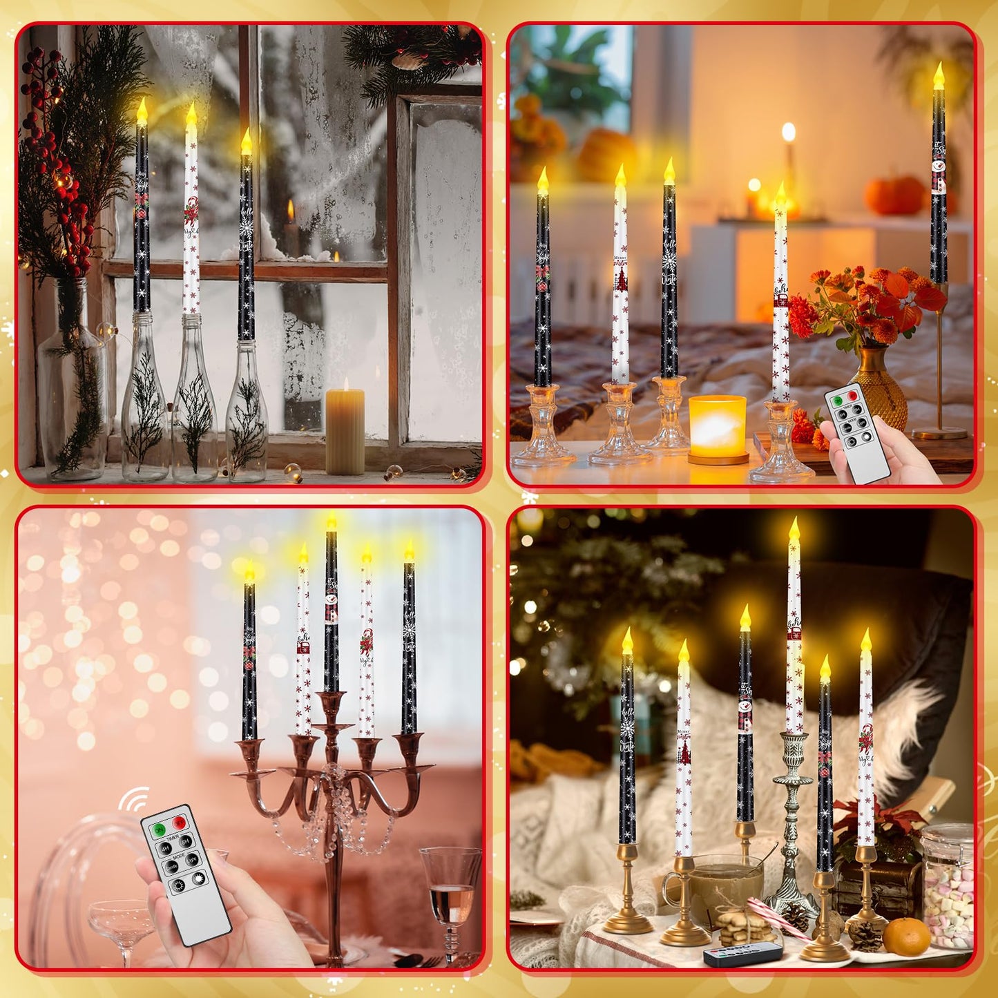 Aurelema 6 Pcs Winter Flameless Candle Set Snowflake LED Flameless Taper Candles with Remote Timer Black and White Celebration Candles with Battery Operated for Christmas Winter Gifts Home Decor