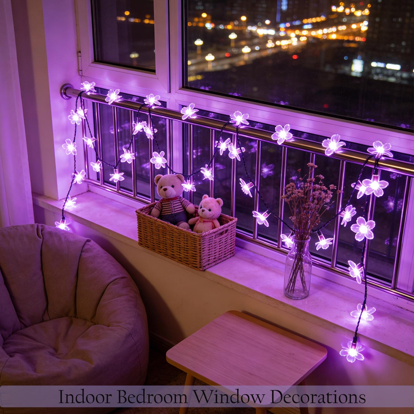 Purple Flower Fairy String Lights on Black Wire, Plug in Connectable 33FT 100 LED Waterproof with 8 Modes for Indoor Outdoor Christmas, Valentine's Day, Wedding Party & Patio Balcony Ambiance