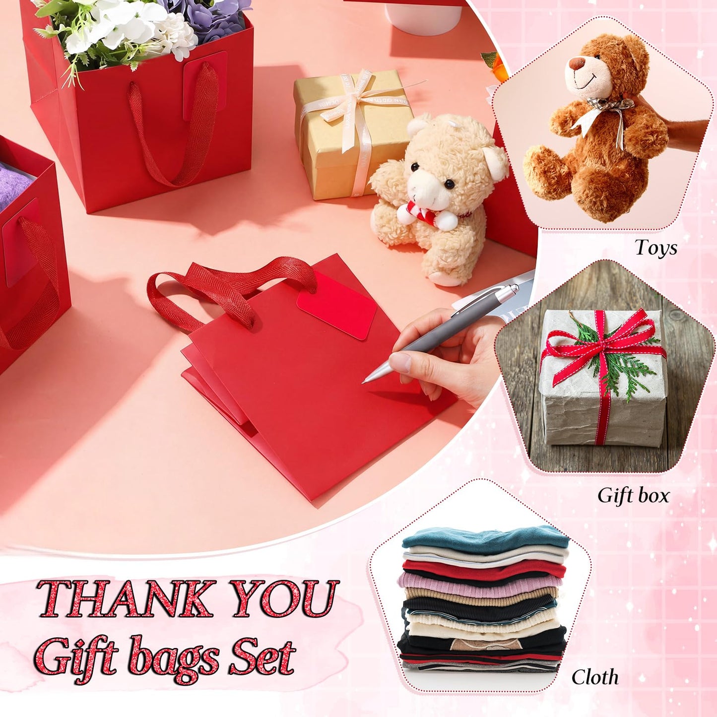 Windyun 25 Pcs Mini Paper Gift Bags with Handle 6 x 6 x 6'' Square Small Favor Bag with DIY Thank You Tag for Christmas Birthday Wedding Bridal Shower Bridesmaid Graduation Party (Red)