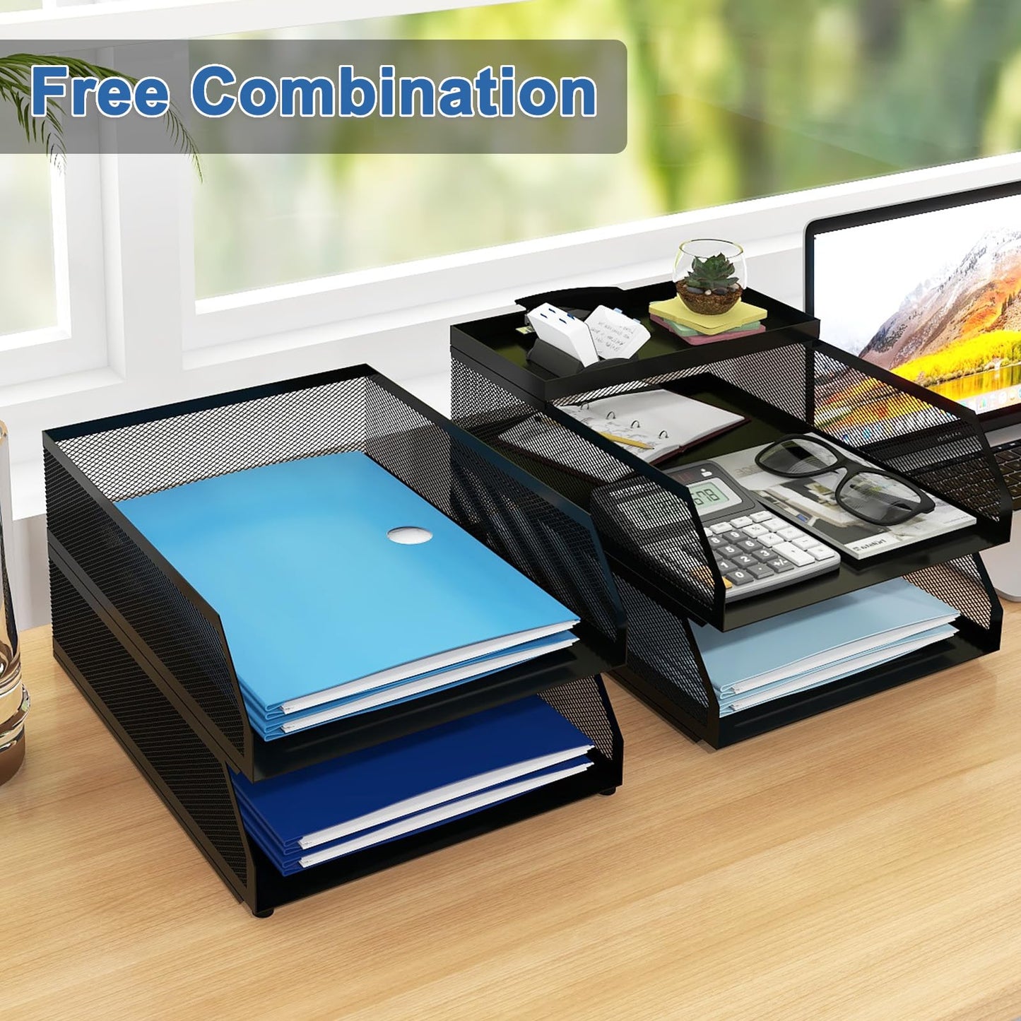 Natwind 4-Tier Paper Organizers,Desk Organizer,Stackable Paper Tray, Desk Accessories,Metal Mesh Desktop Organizer,Letter Trays,File Document Storage Rack for for Home, Office, School (Black)