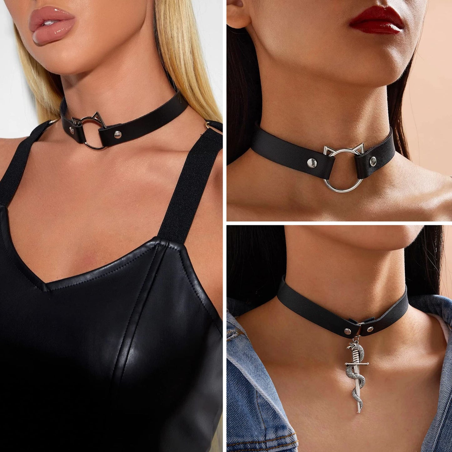 HAIAISO 6-9pcs Leather Punk Goth Choker Necklace - Love Heart Spiked Adjustable Pu Choker Collar for Women