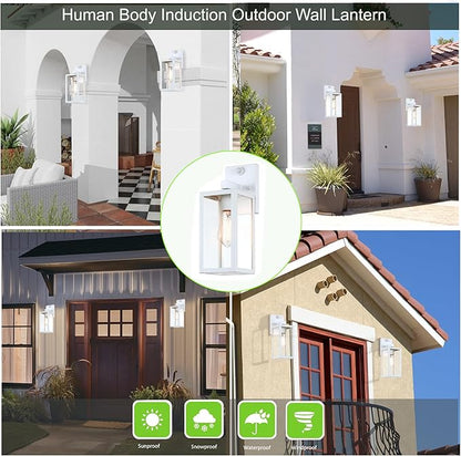 GRUENLICH Dusk to Dawn Large Outdoor Wall Lantern, PIR Motion Sensor Wall Sconce, E26 Base Max 60W, Metal Housing Plus Glass, White Finish, Bulb Not Included, 2-Pack
