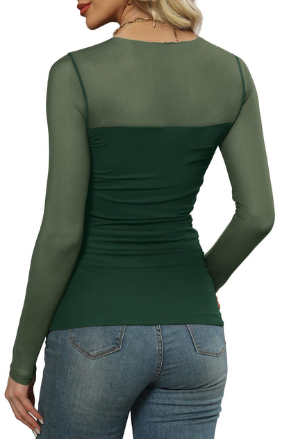 XIEERDUO Women's Sexy Sheer Long Sleeve Tops Crew Neck Mesh Ruched Going Out Shirts Blouse Date Night Outfits