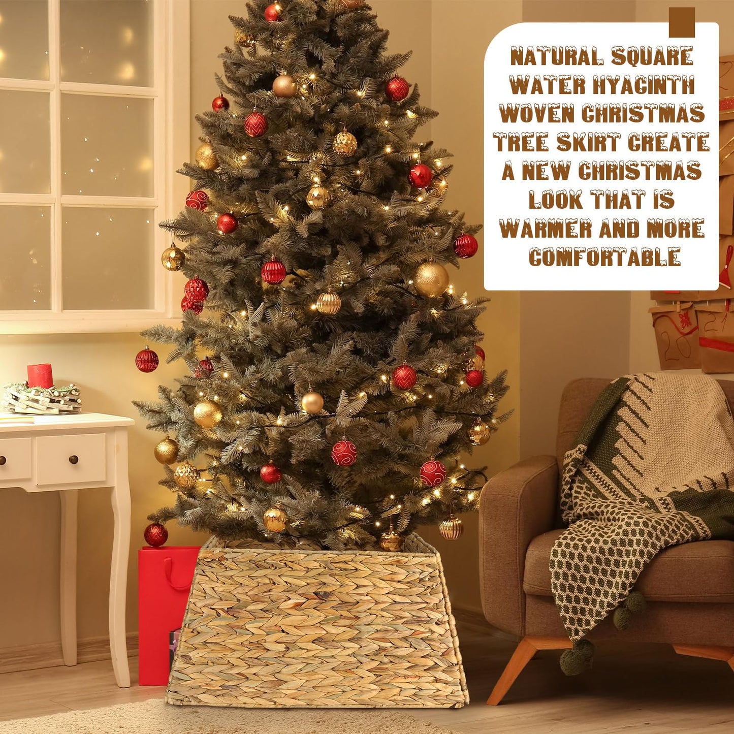 Suncalla 22 Inch Christmas Tree Collar Water Hyacinth Woven Farmhouse Square Base Cover Christmas Tree Basket for Xmas Holiday Decorations(Natural)