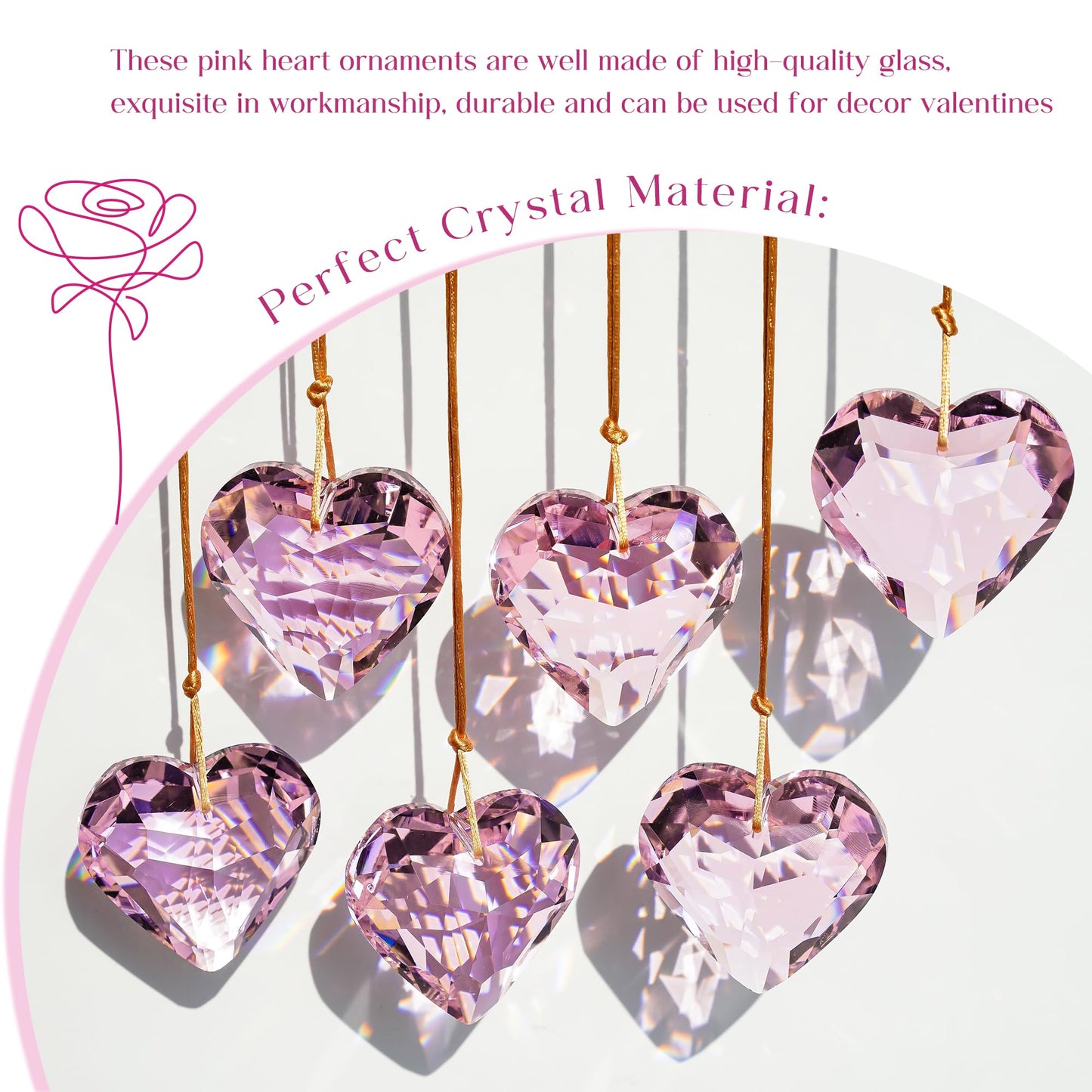 H&D HYALINE & DORA 6pcs Pink Heart Crystal Ornaments Valentine's Day Heart Shaped Ornaments Rainbow Hanging Crystals Ornament Pendant for Window, Wedding Decoration