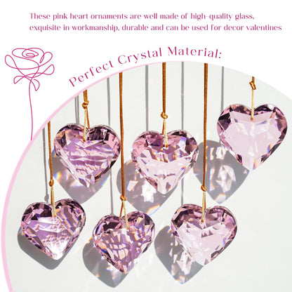 H&D HYALINE & DORA 6pcs Pink Heart Crystal Ornaments Valentine's Day Heart Shaped Ornaments Rainbow Hanging Crystals Ornament Pendant for Window, Wedding Decoration