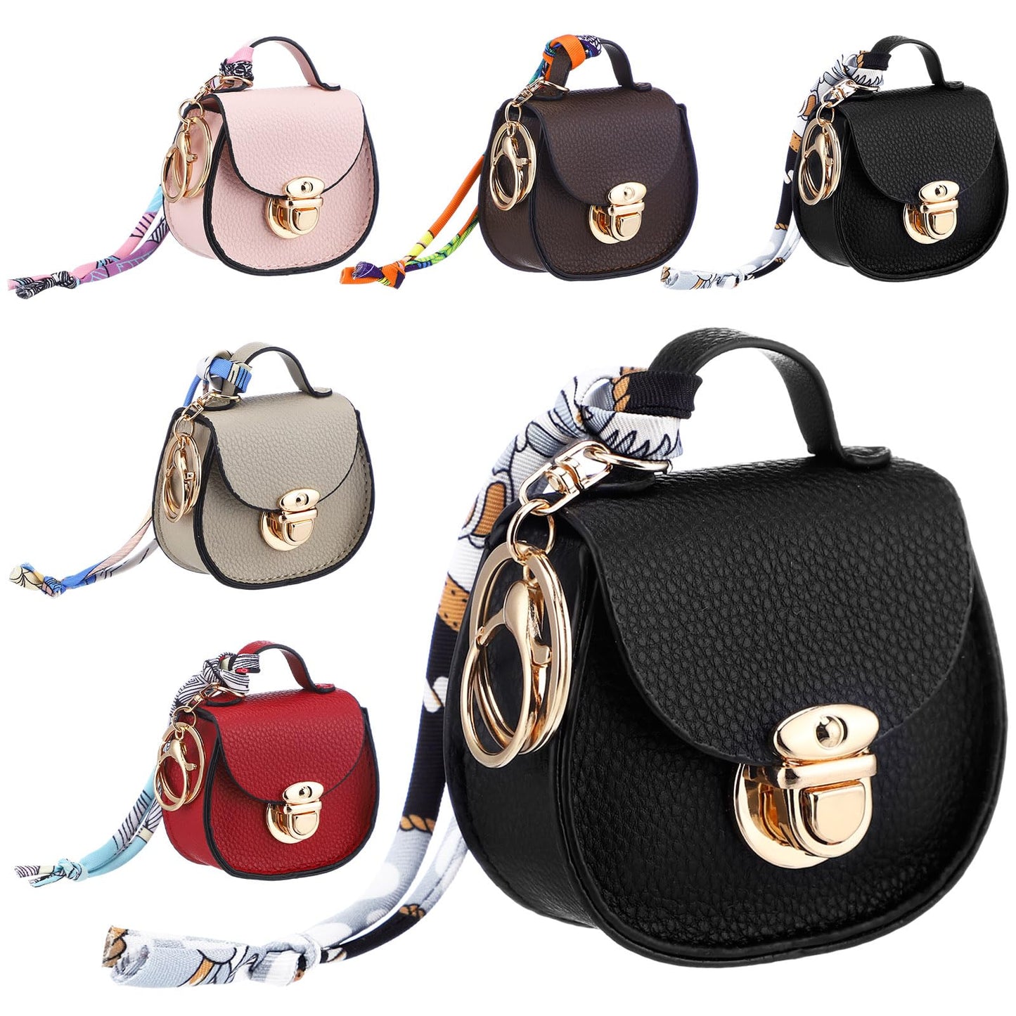 Liliaafar 5 Pcs Mini Backpack Keychain Mini Coin Purses for Women Cute PU Leather Makeup Bag with Keychain, Multi Pocket Card Holder Cable Organizer Giftable Zipper Pouch (Saddlebag)
