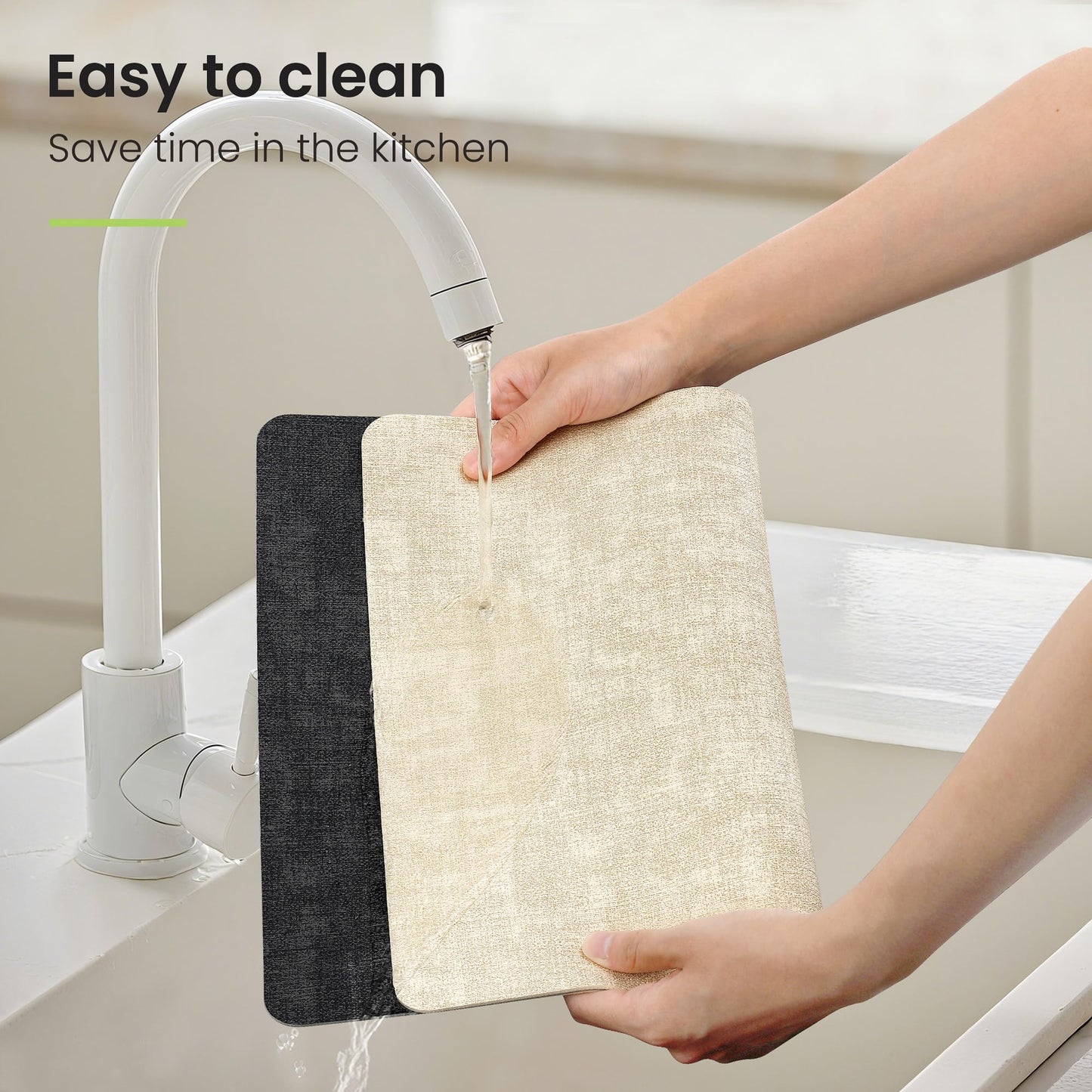 Fyvva Placemats Set of 6, Faux Leather Heat Resistant Wipeable Placemats, Dual Sided Waterproof Washable Table Mats with Coaster, Suitable for Kitchen, Dining, Table Decor (6, Black Beige)