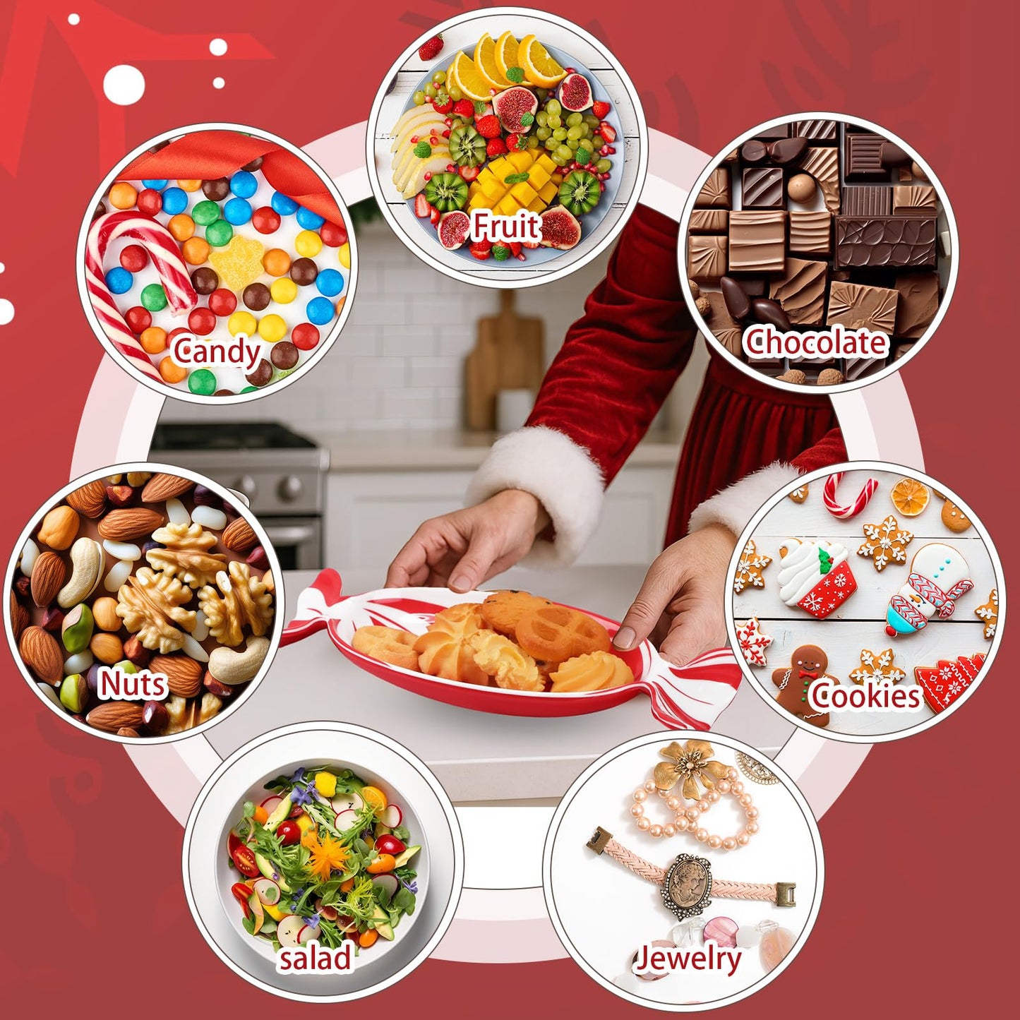Teenyyou 1 Pcs Christmas Candy Dish Melamine Christmas Serving Tray Fruit Dessert Cookie Plates for Xmas Holiday Party Favor Dishwasher Safe