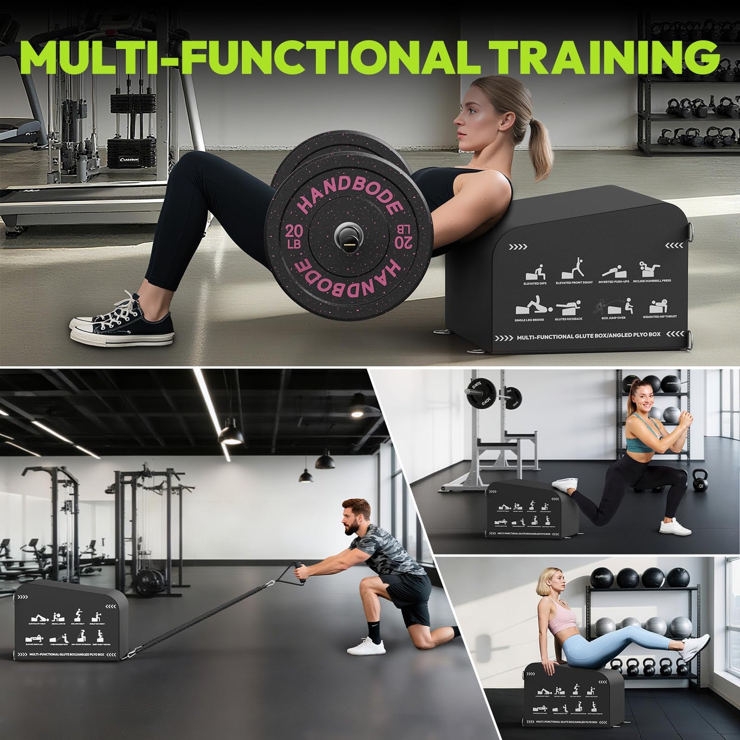 HANDBODE Hip Thrust Bench, Multi-Functional Slip-Free Hip Thrust Machine for Glute Bridge, Box Jump, Push-Ups, Squat, Ab Exercise, Suitable for Home & Gym, Includes 6ft Olympic Bars