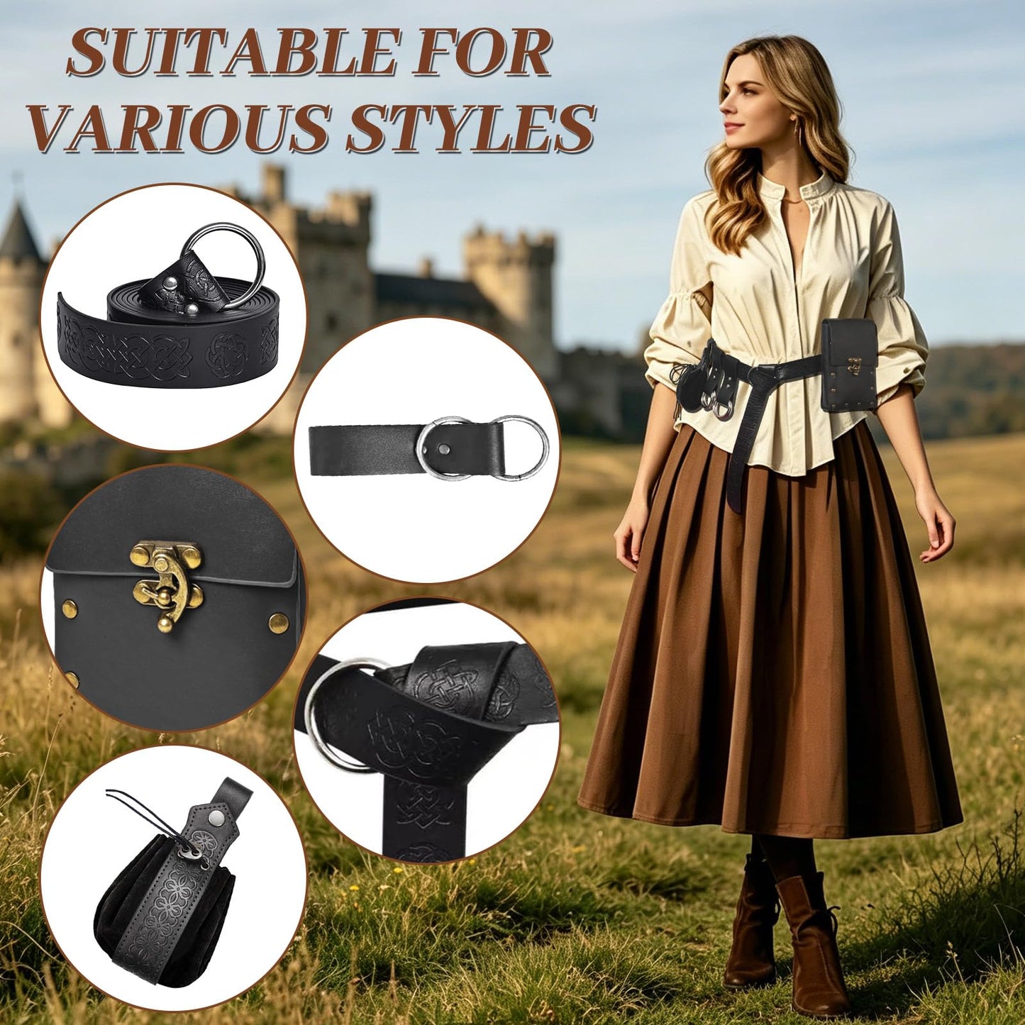 Renaissance Belt Pouch Medieval Viking Pirate Leather Bag Detachable Chains Arm Set Skirt Hike Halloween Cosplay Costume Accessories (Black-2Pouch)
