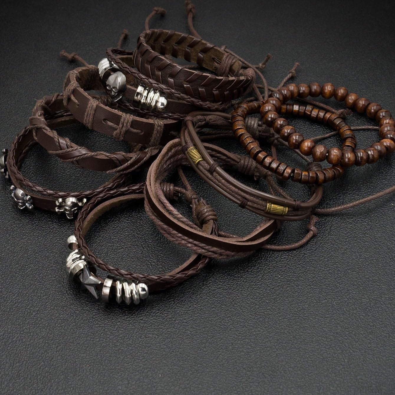 Aijewelop 10pcs/set Men's Brown Multi-layer Punk Style Bracelet Beaded Skull Head Hip-hop Bracelet Set Pu Leather Cuff Jewelry Gift