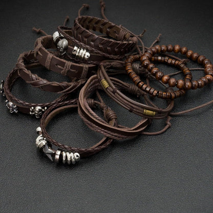 Aijewelop 10pcs/set Men's Brown Multi-layer Punk Style Bracelet Beaded Skull Head Hip-hop Bracelet Set Pu Leather Cuff Jewelry Gift
